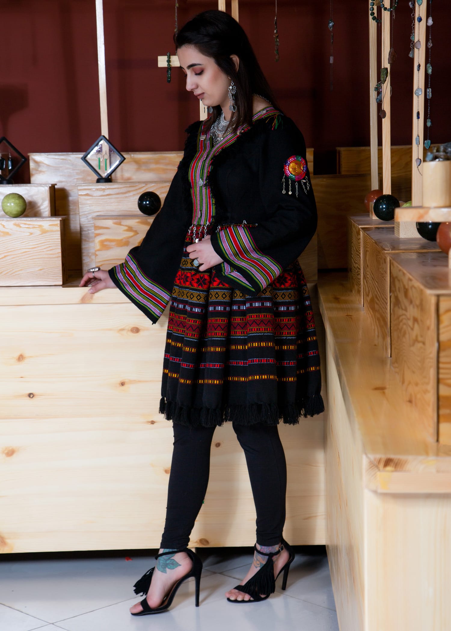 Handwoven Poncho Shawl with Coin and Chain Design