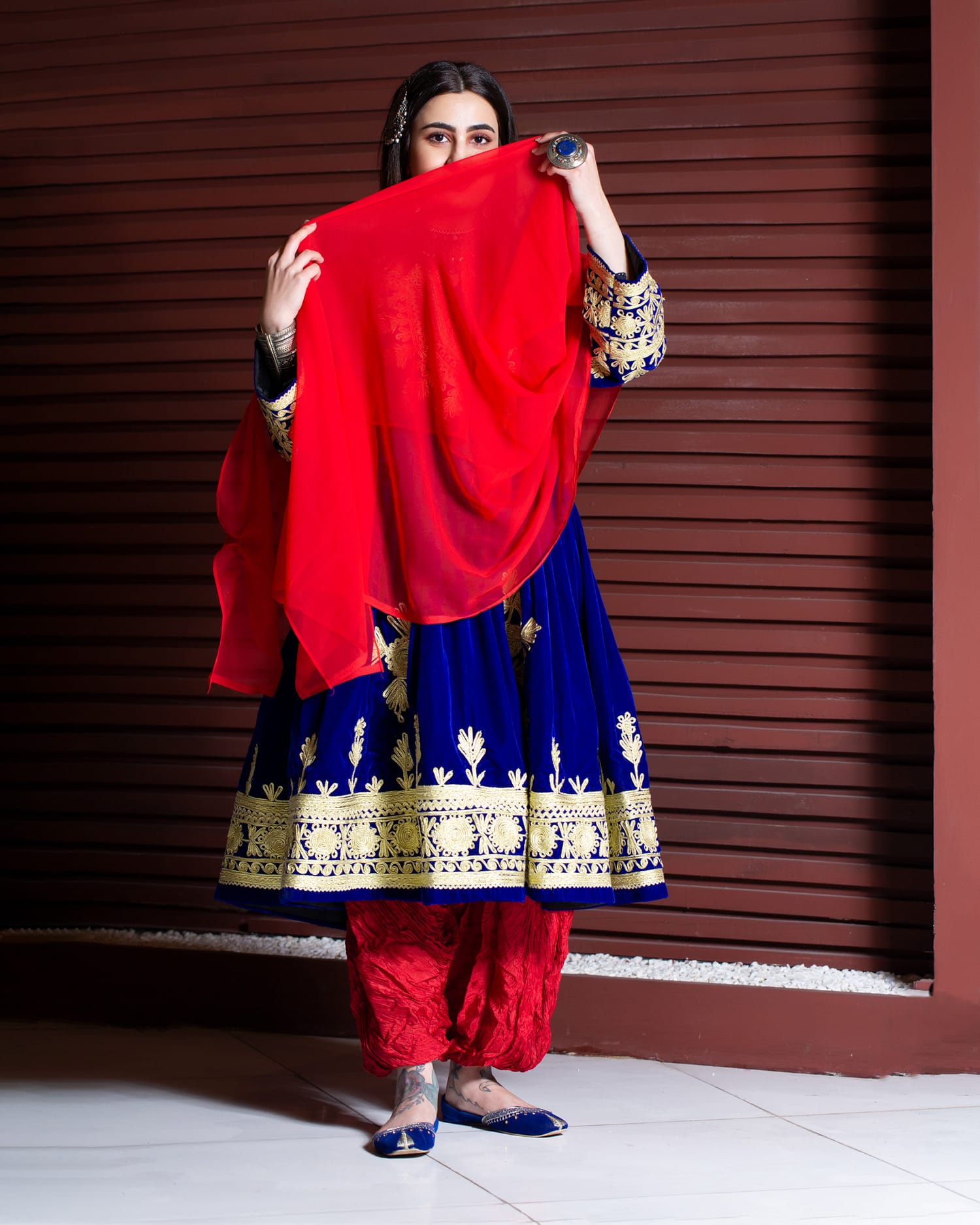 Traditional Velvet Silk Dress with Embroidered Sleeves and Skirt Full Set