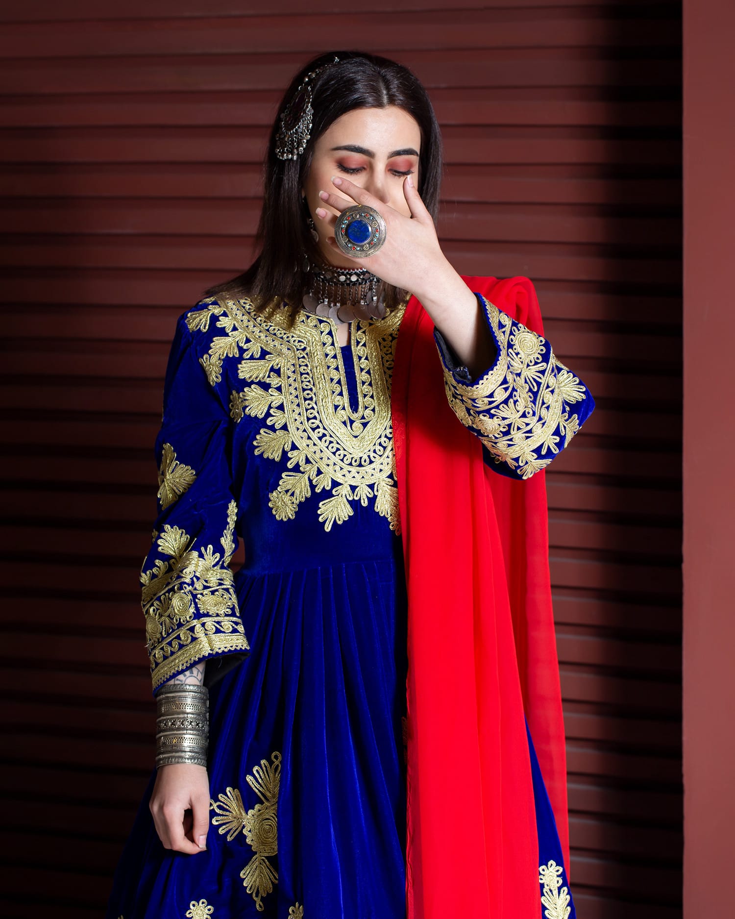 Traditional Velvet Silk Dress with Embroidered Sleeves and Skirt Full Set