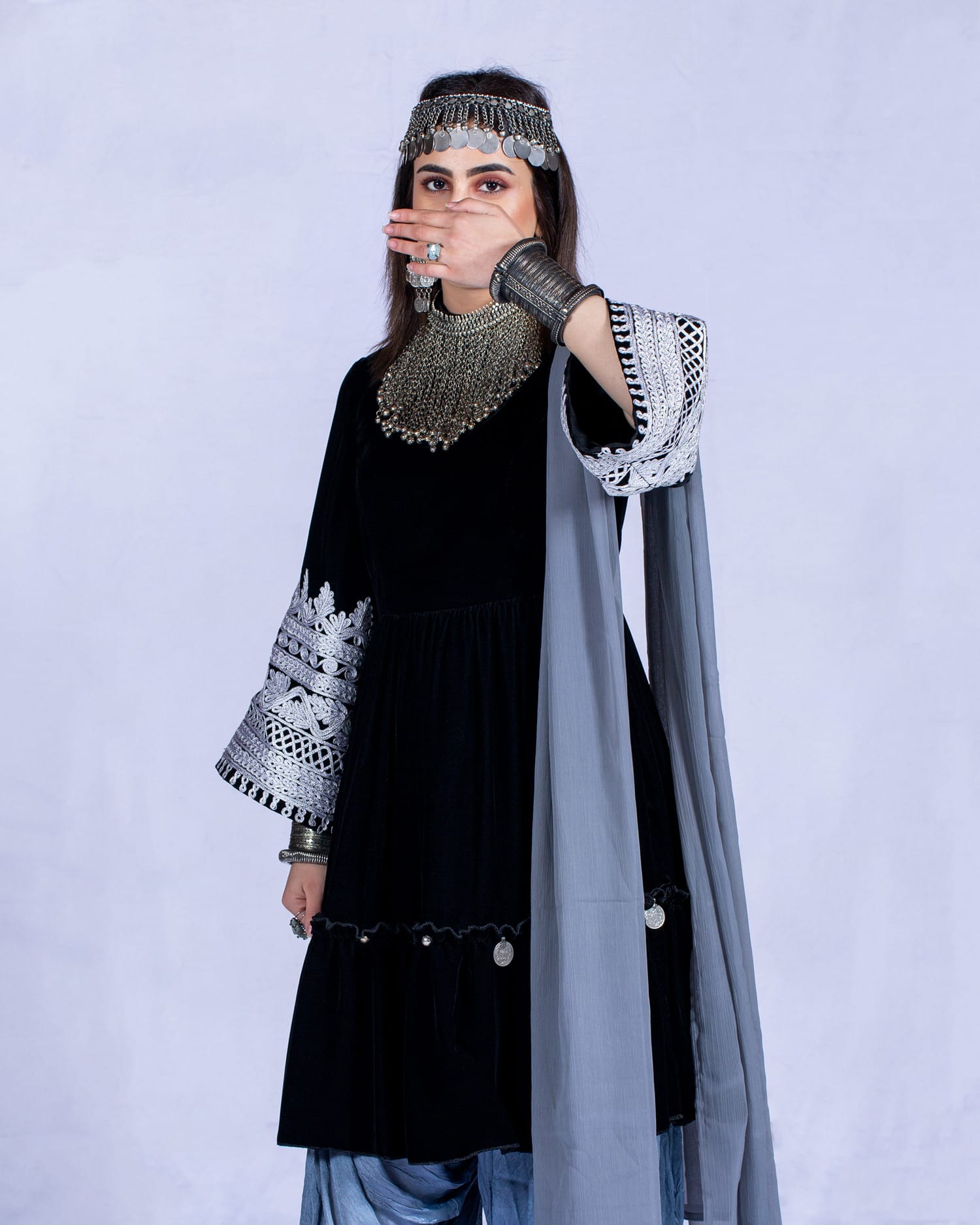 Afghan Dress with Embroidered Sleeves and Kuchi Style Trousers