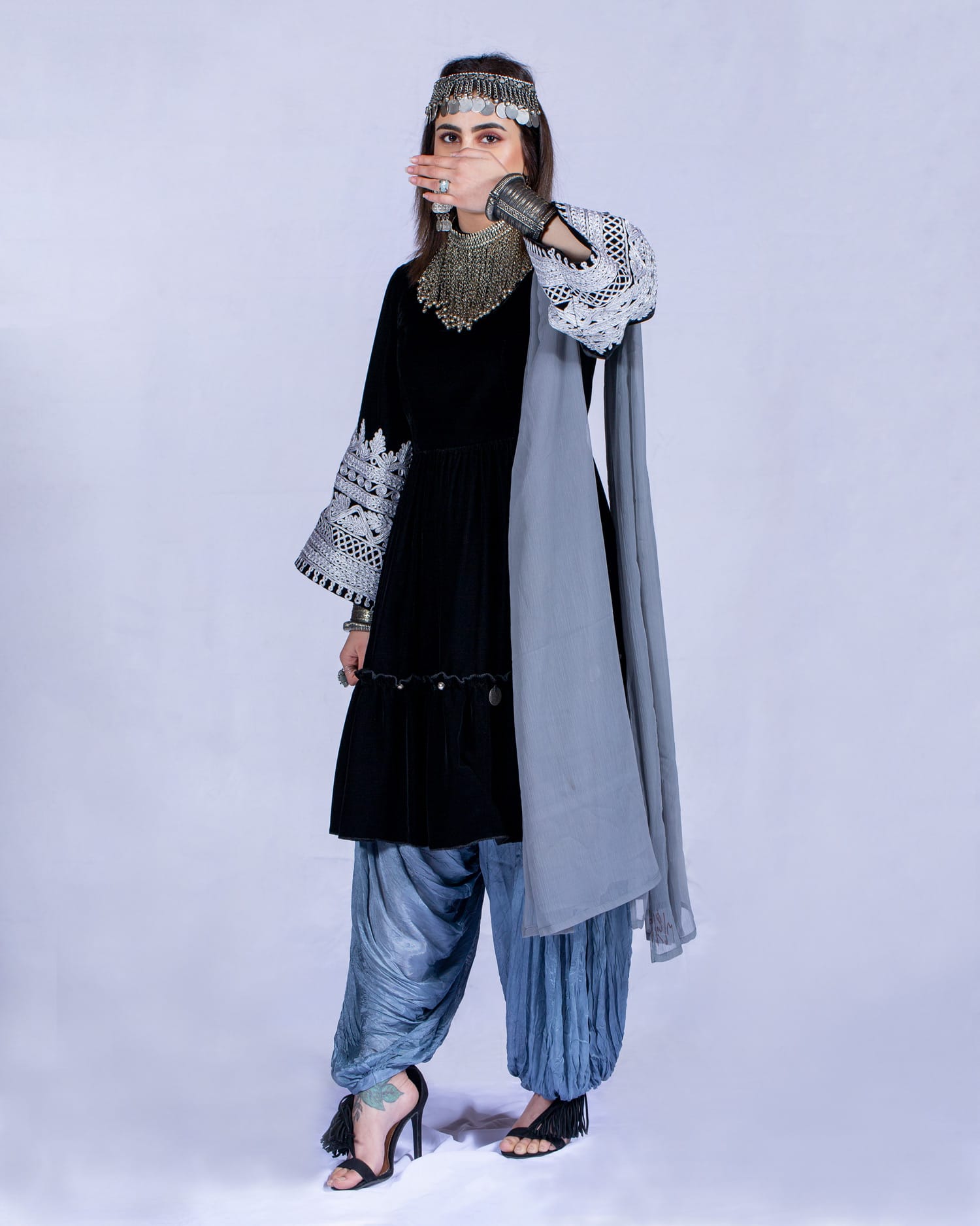 Afghan Dress with Embroidered Sleeves and Kuchi Style Trousers
