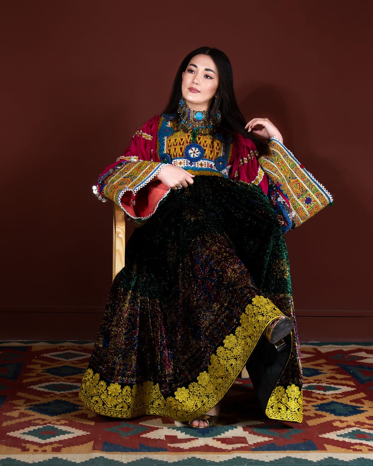 Traditional Afghan Kuchi Dress with Hand Embroidered Yakhun and Mureh Design