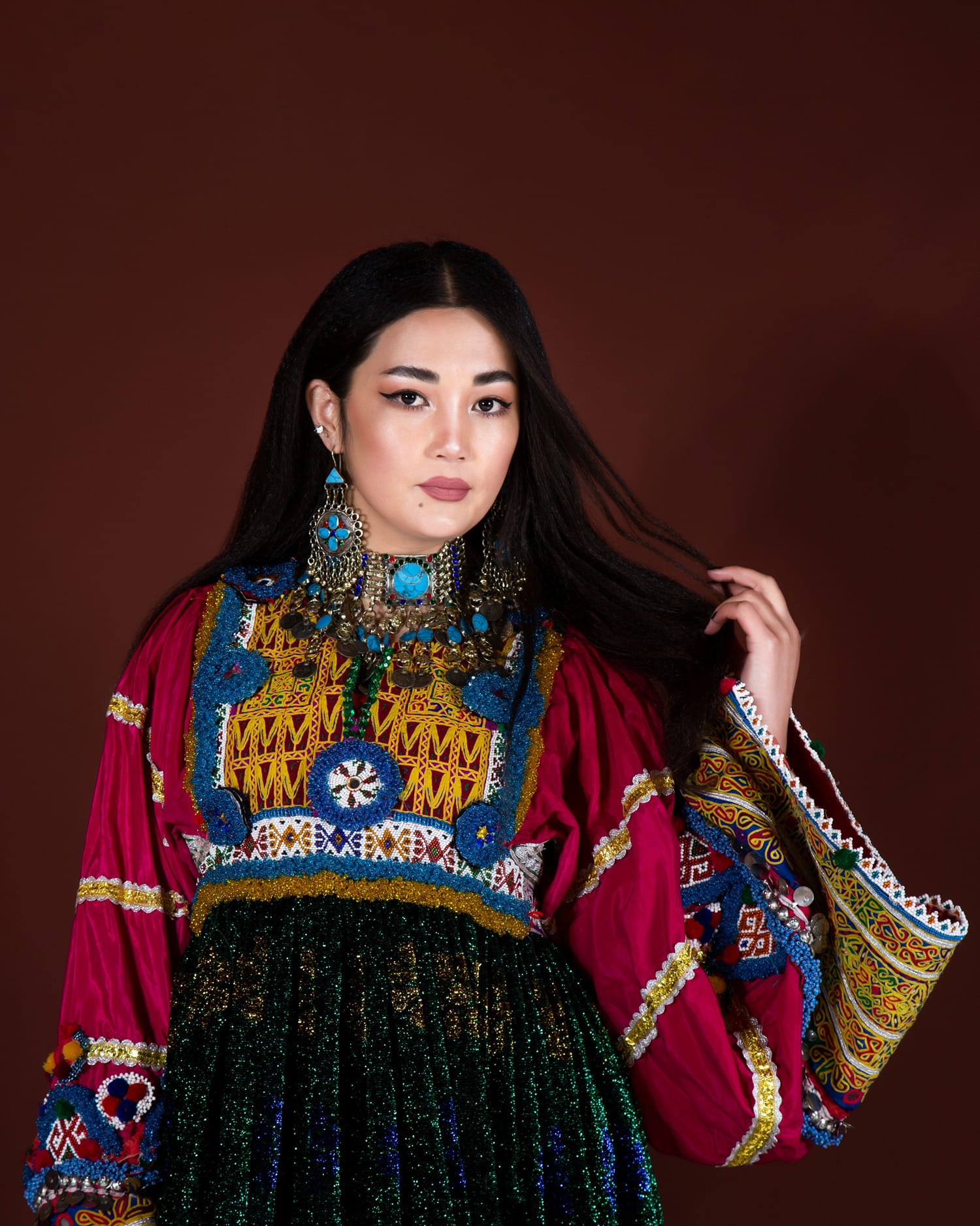 Traditional Afghan Kuchi Dress with Hand Embroidered Yakhun and Mureh Design