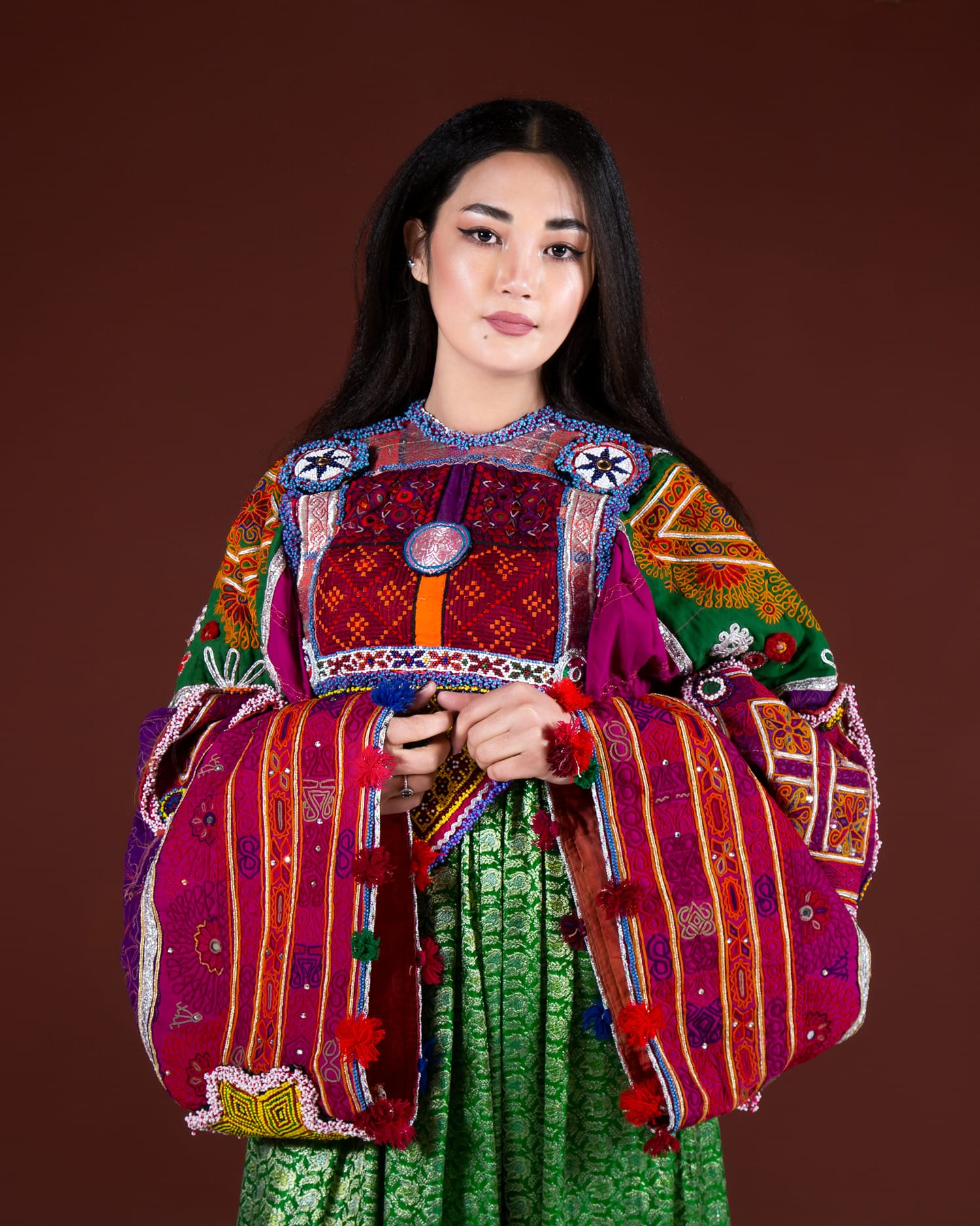 Traditional Afghan Kuchi Dress with Banarasi Fabric and Hand Embroidered Sleeves