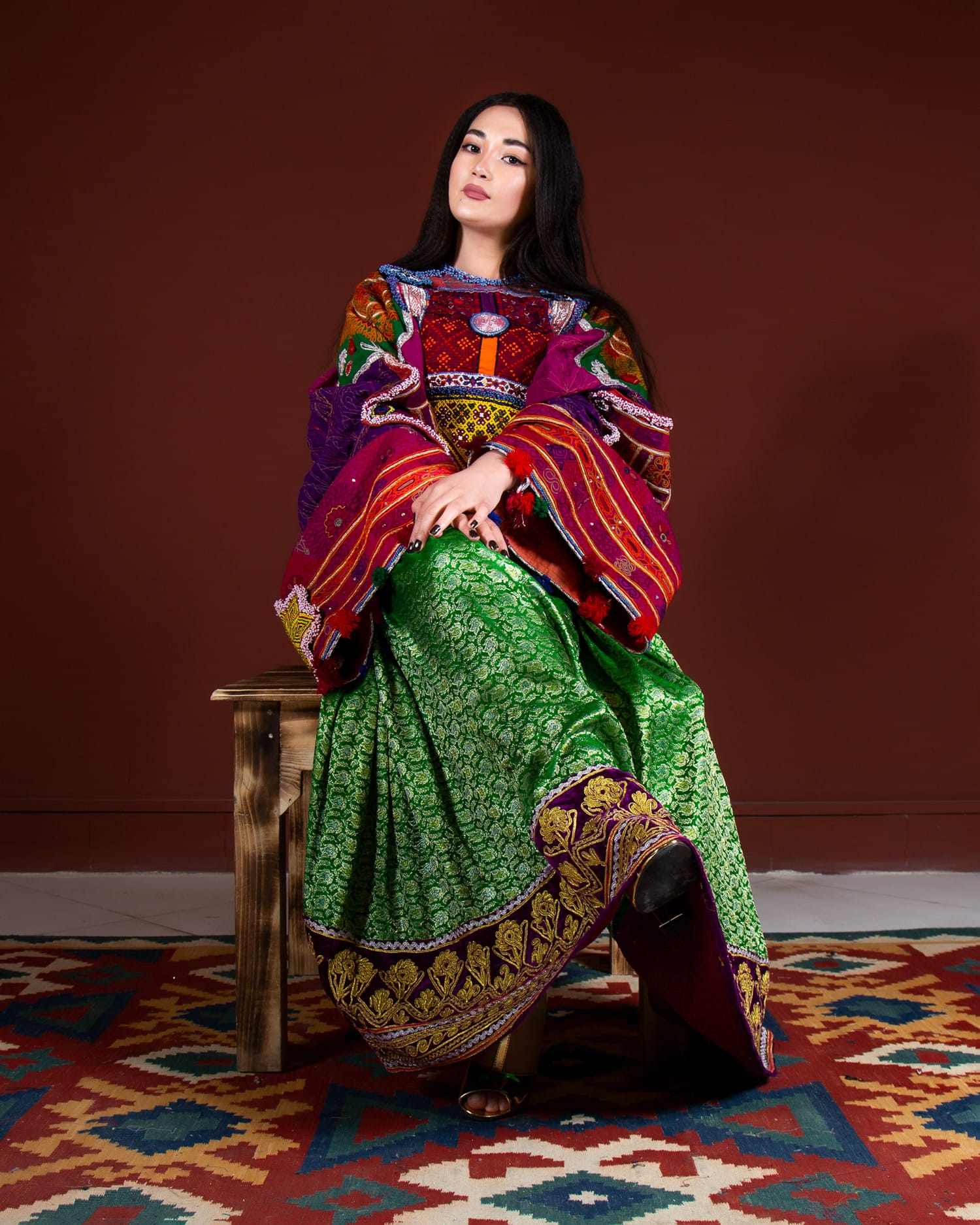 Traditional Afghan Kuchi Dress with Banarasi Fabric and Hand Embroidered Sleeves
