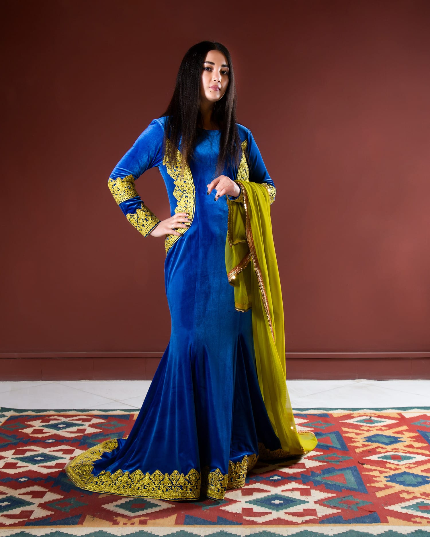 Velvet Dress with Hand Embroidery and Matching Chador (Shawl)