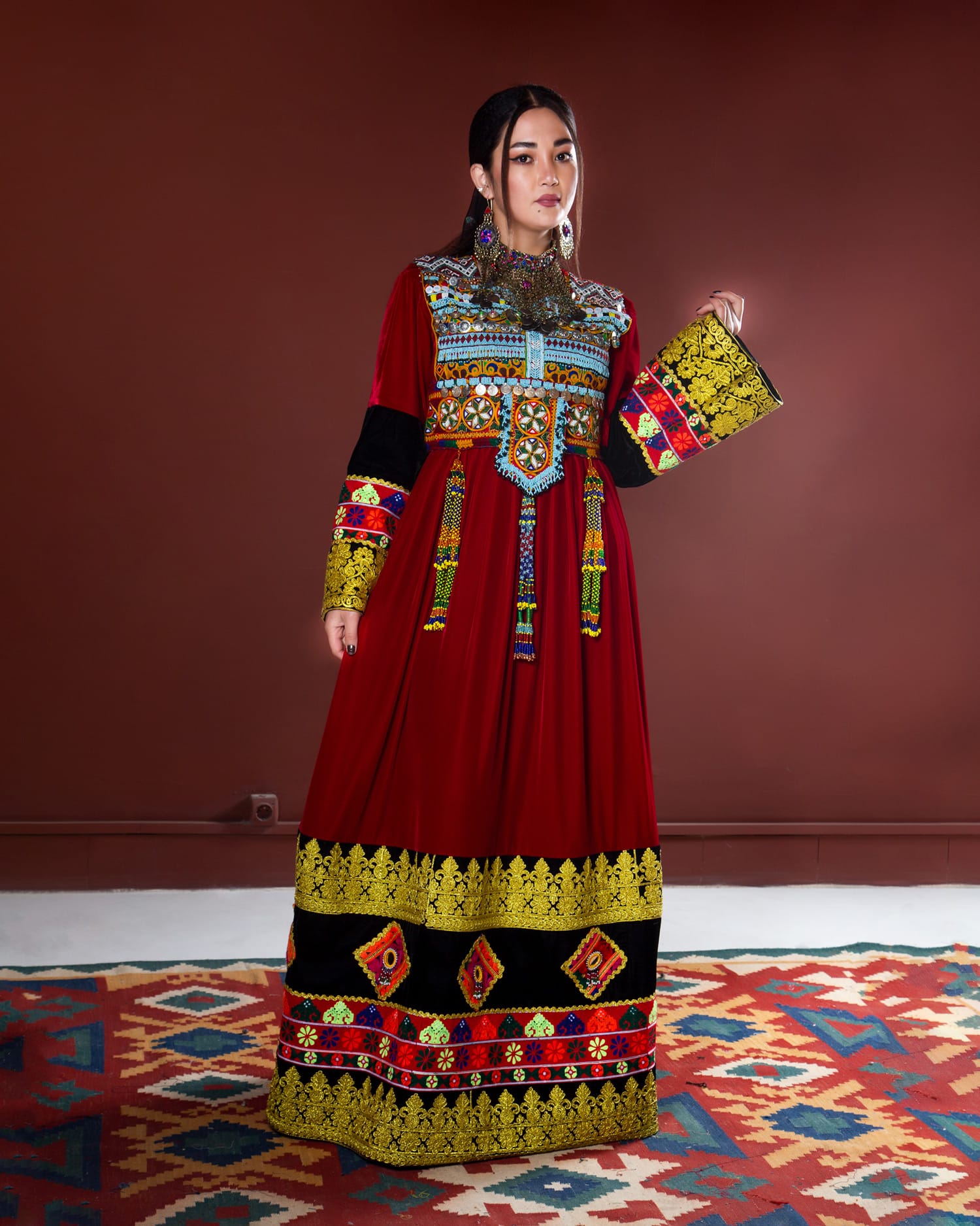 Afghan Dress with Kuchi Design, Velvet Fabric, and Hand Embroidered Yakhun - Cloth Sizes Women: Medium