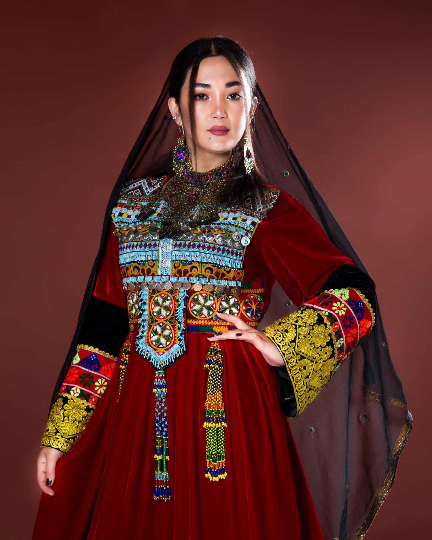 Afghan Dress with Kuchi Design, Velvet Fabric, and Hand Embroidered Yakhun