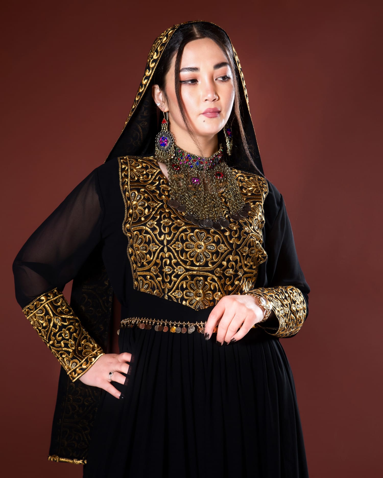 Black Afghan Dress with Traditional Design and Matching Shawl Chador