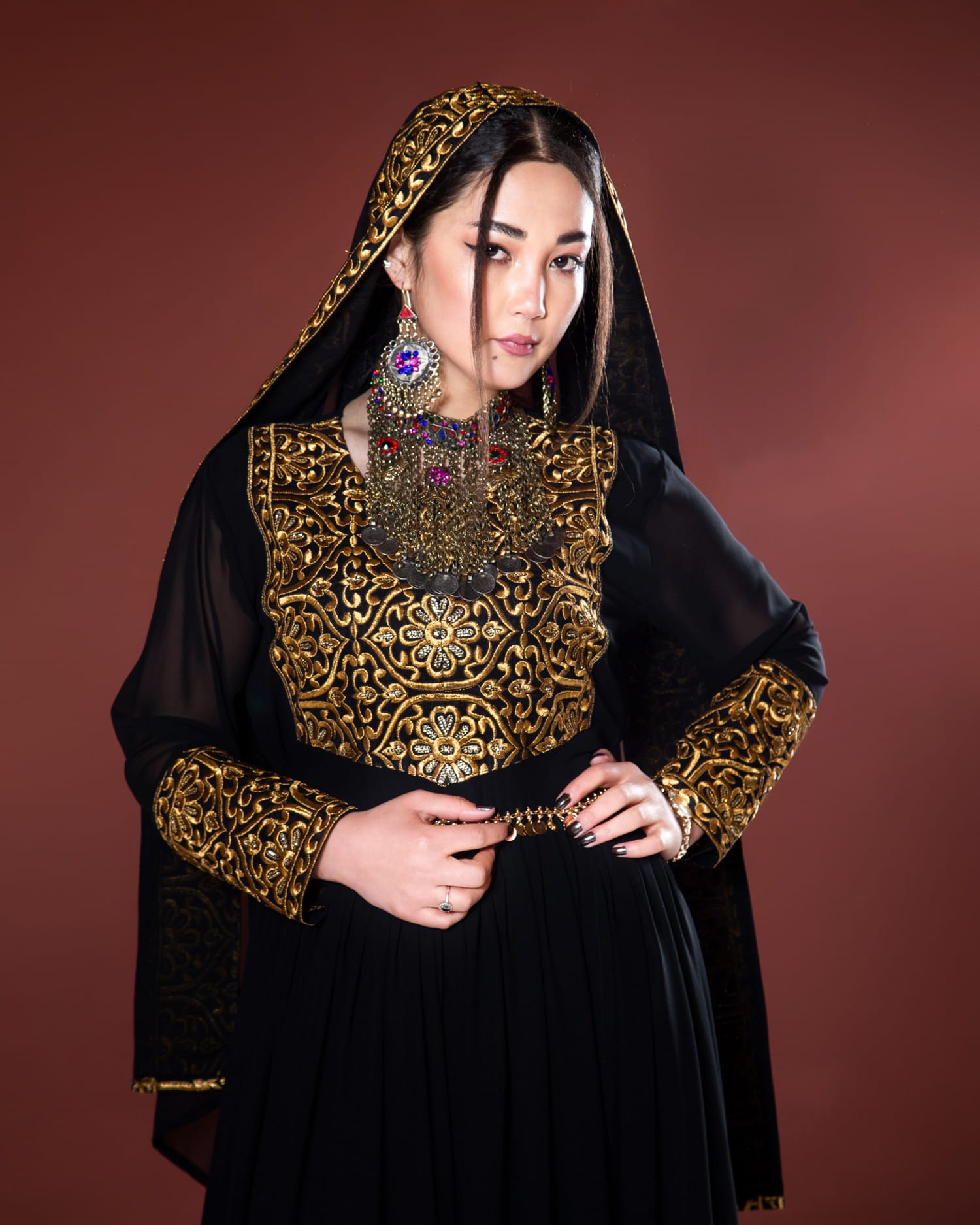 Black Afghan Dress with Traditional Design and Matching Chador - Cloth Sizes Women: Large