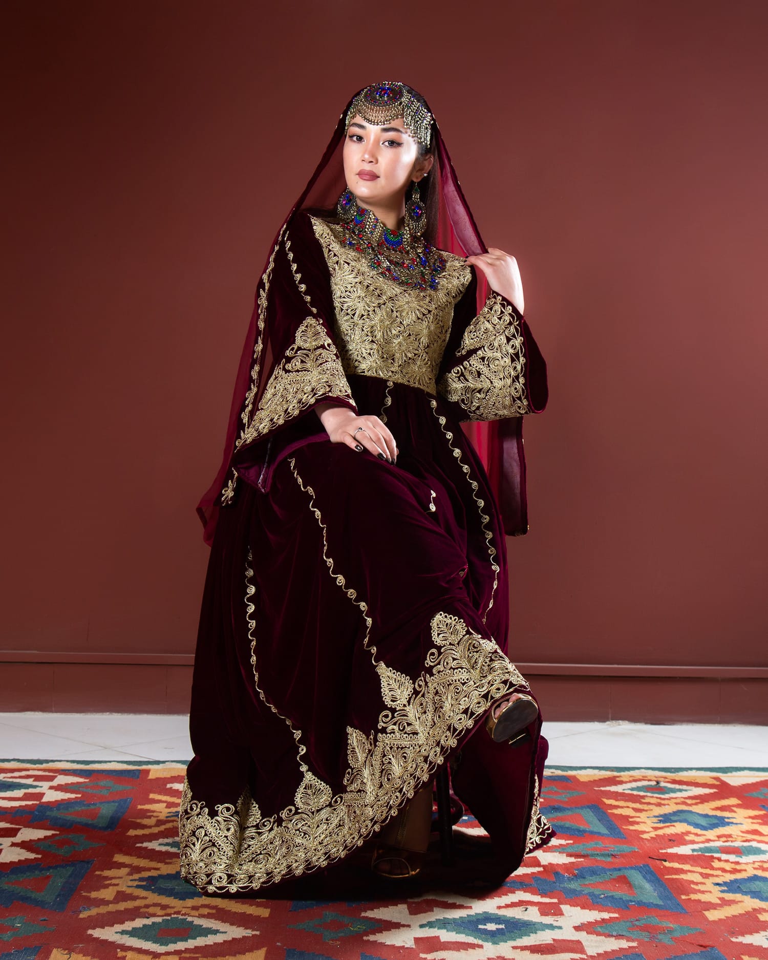 Velvet Afghan Dress Embroidery and Matching Shawl