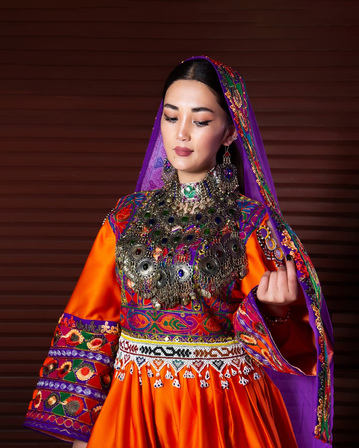 Short Afghan Dress with Hand Embroidered Fita Design, Matching Chador and Trousers