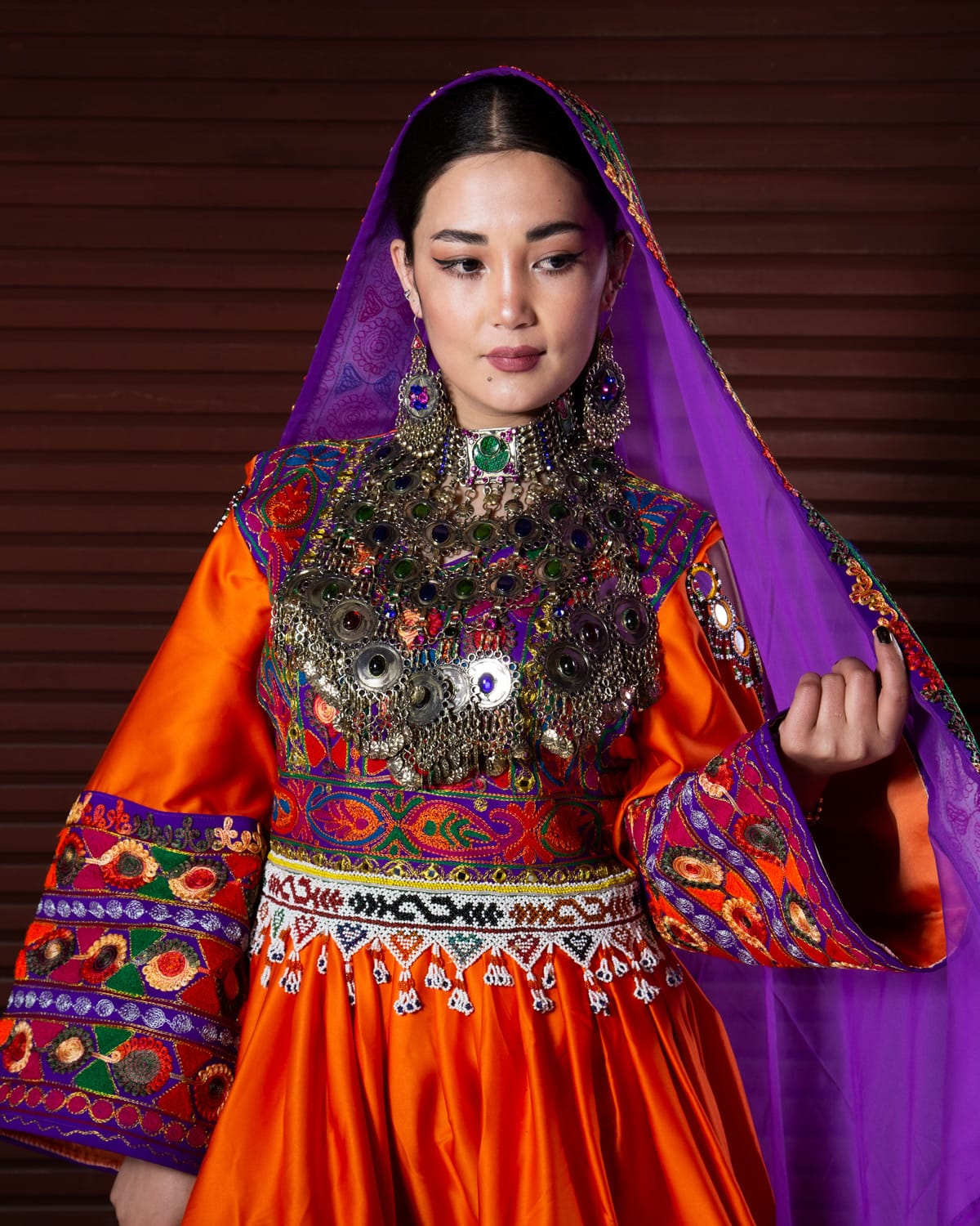 Short Afghan Dress with Hand Embroidered Fita Design, Matching Chador and Trousers