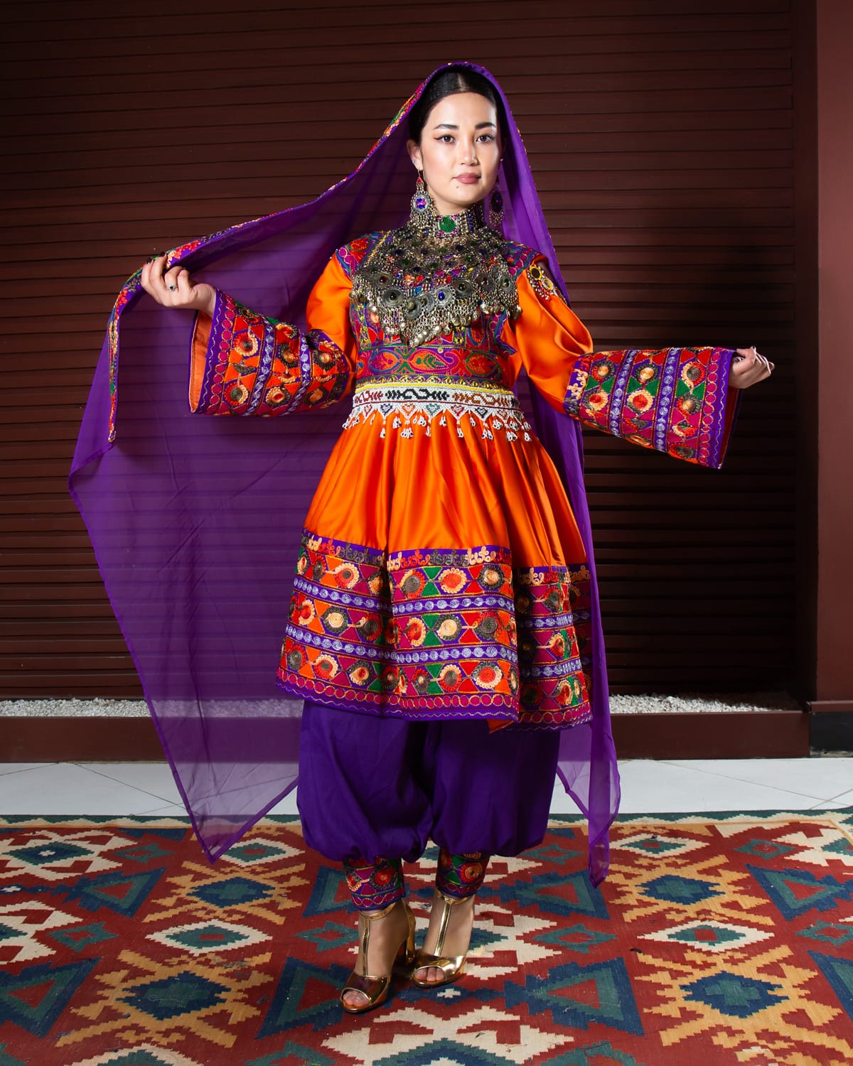 Short Afghan Dress with Hand Embroidered Fita Design, Matching Chador and Trousers