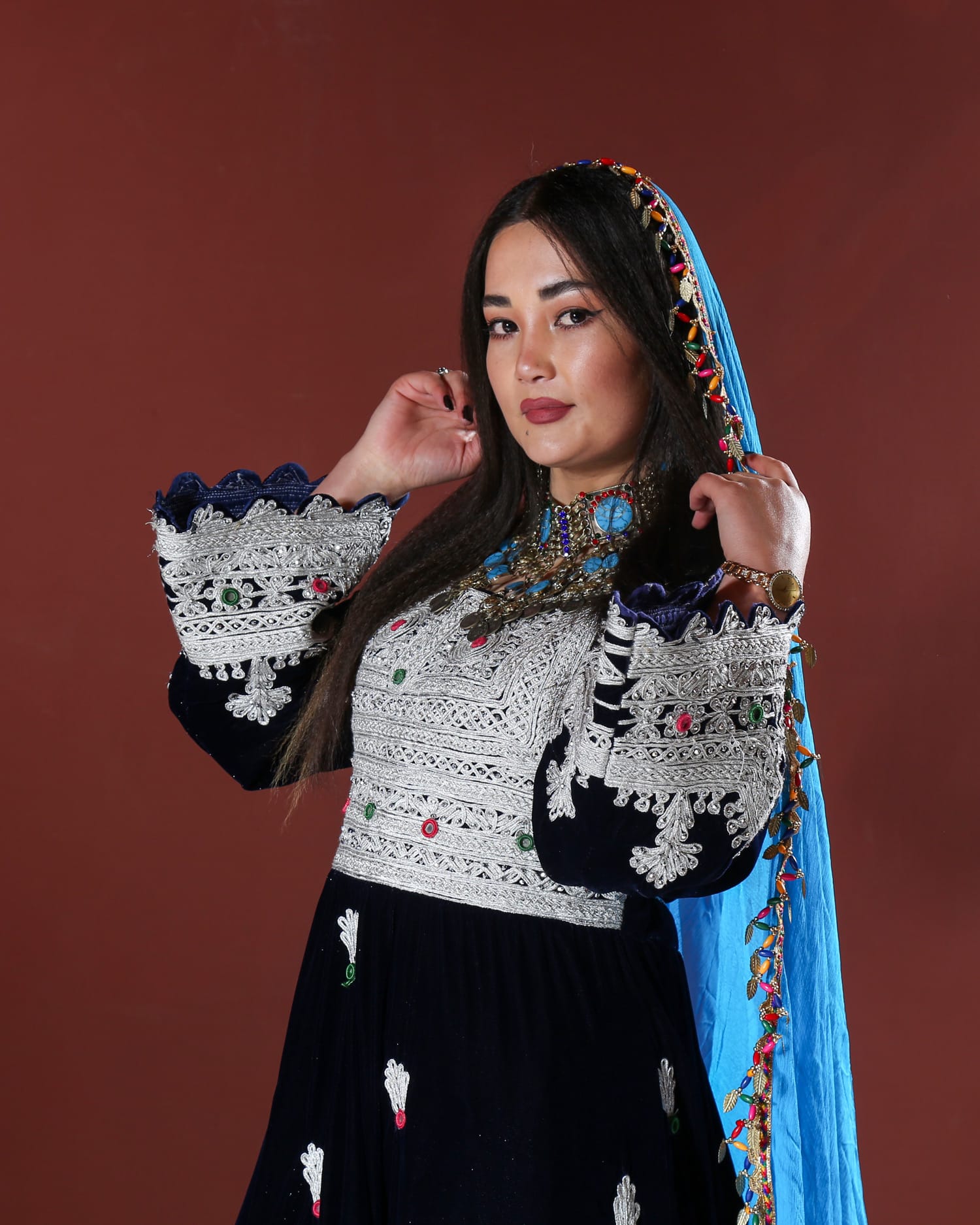 Traditional Afghan Short Embroidered Dress with Chador and Trousers