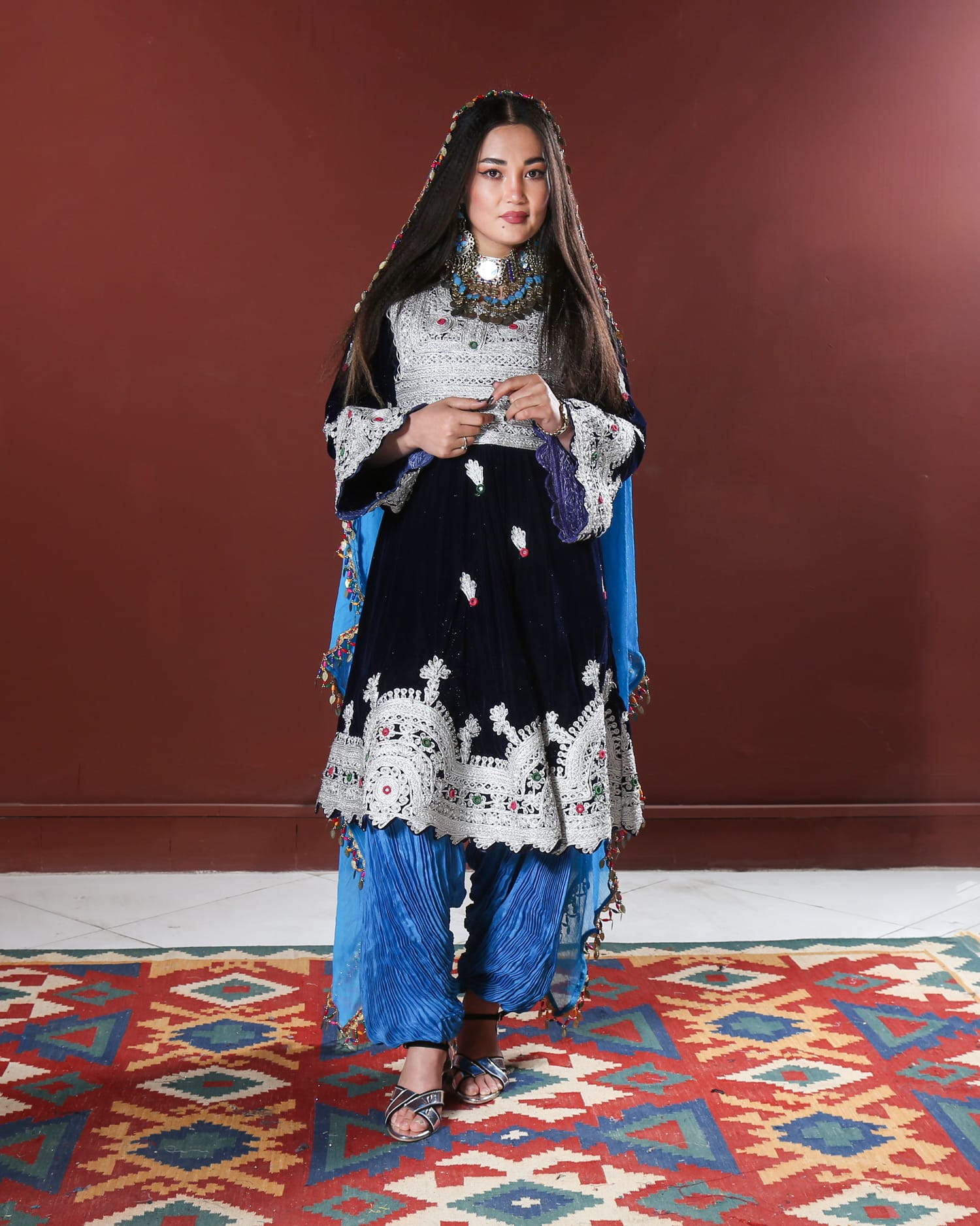 Traditional Afghan Short Embroidered Dress with Chador and Trousers