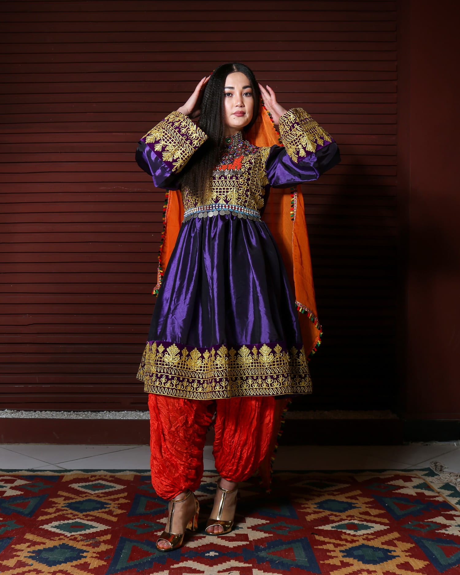 Traditional Afghan Short Embroidered Dress with Chadar Shawl and Trousers