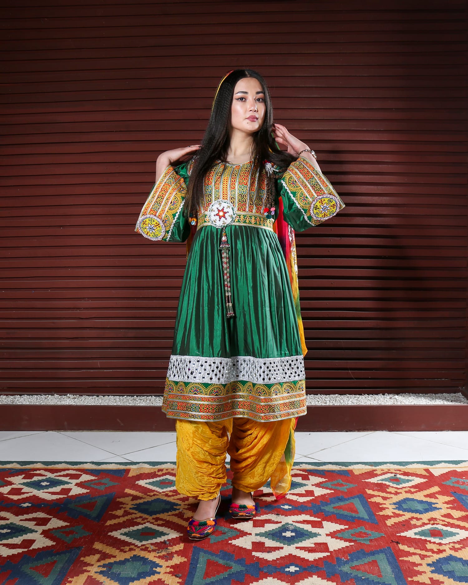 Afghan Short Dress with Chador and Trousers, Featuring Hand Embroidery