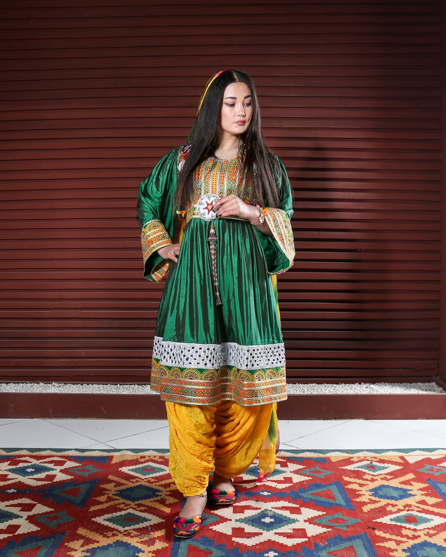 Afghan Short Dress with Chador and Trousers, Featuring Hand Embroidery
