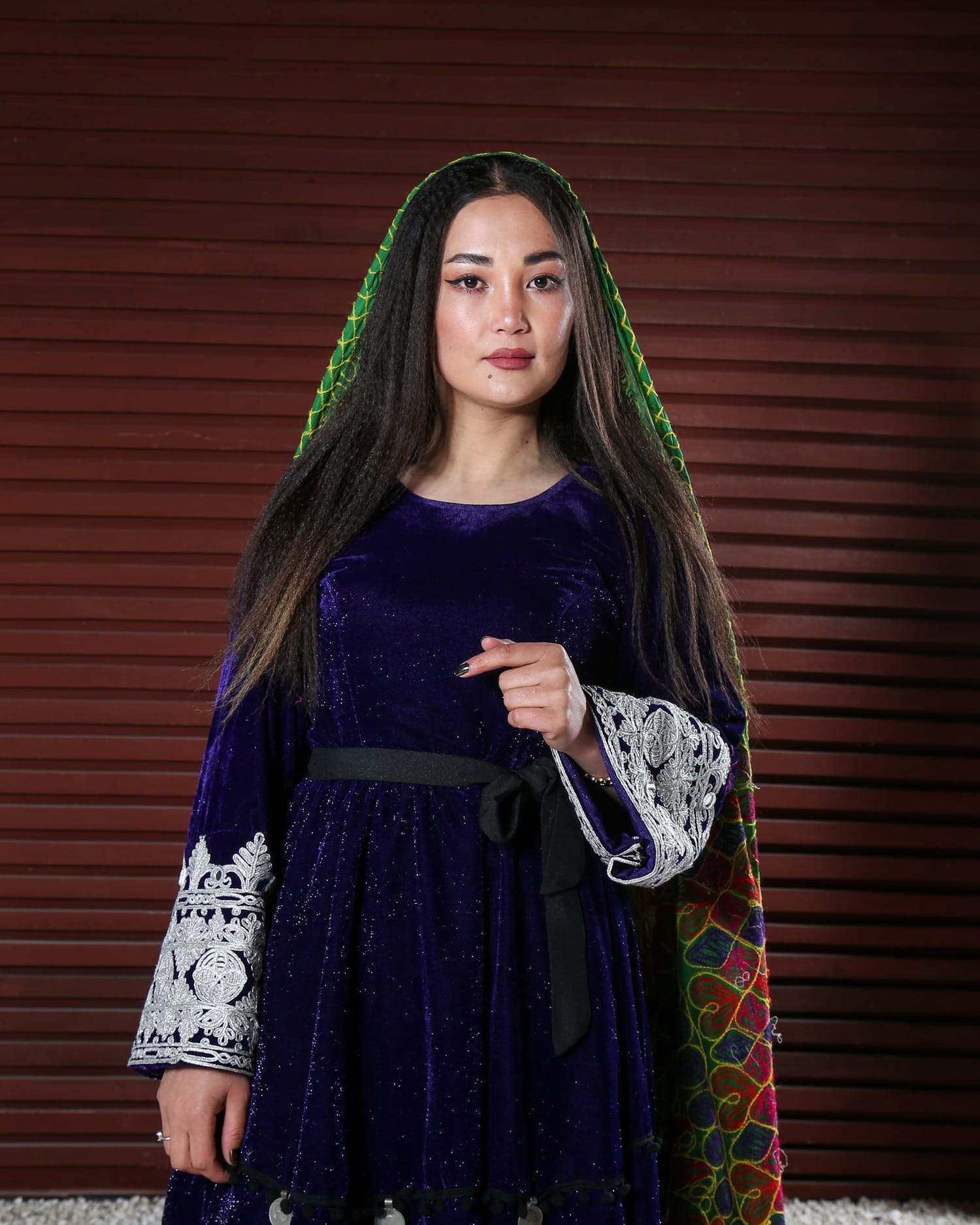 Simple Dress with Embroidered Sleeves and Matching Shawl