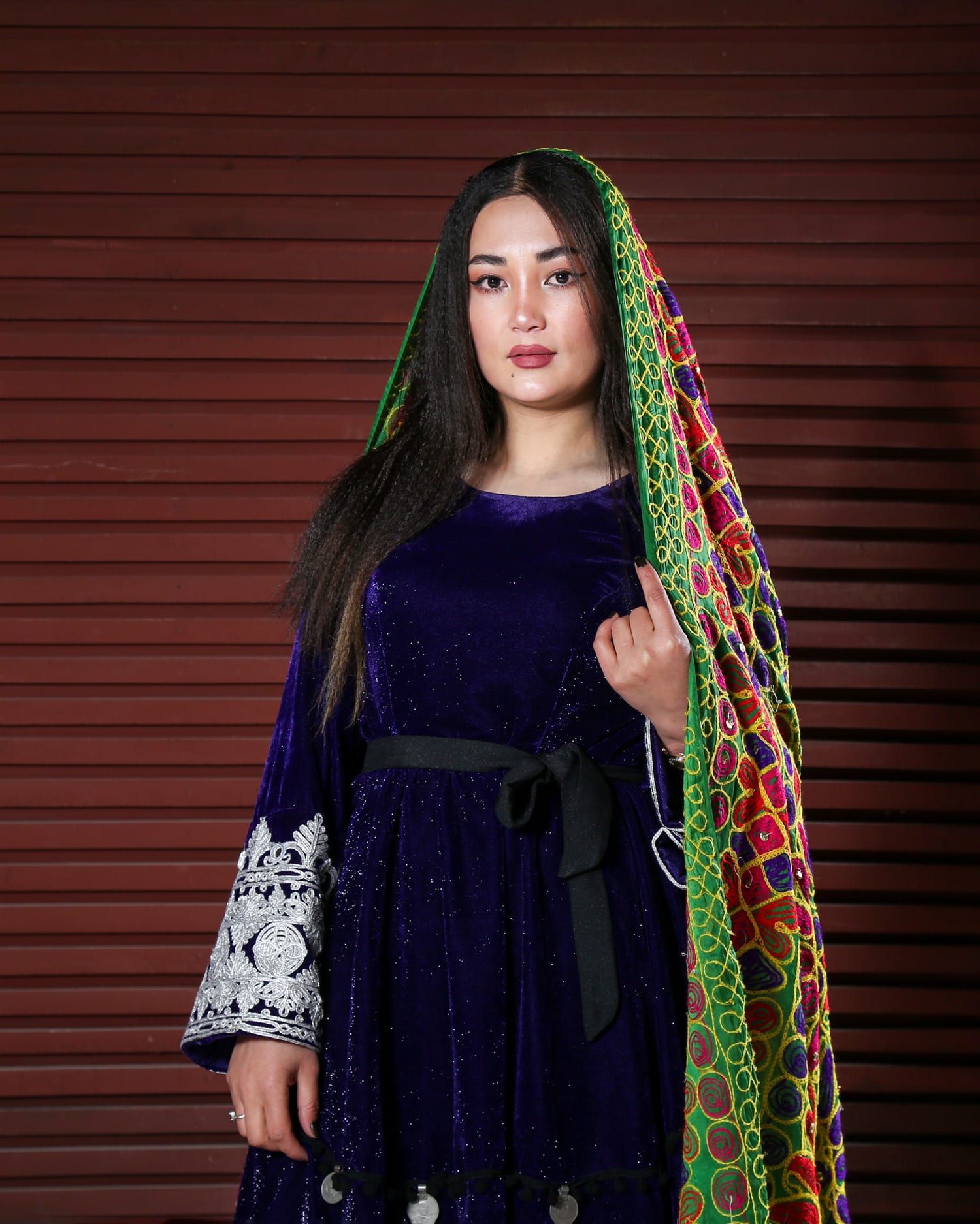 Simple Dress with Embroidered Sleeves and Matching Shawl