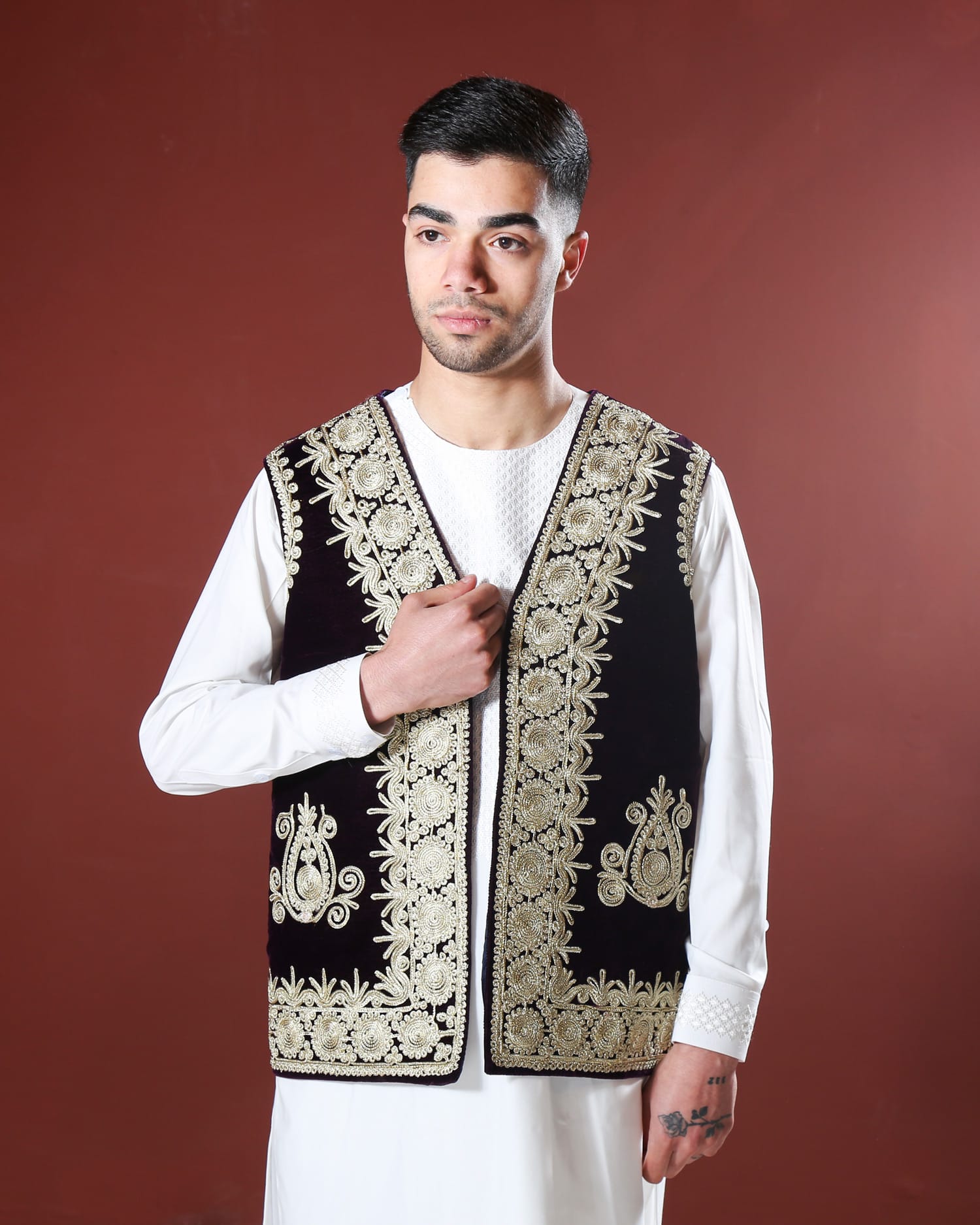 Men’s Velvet Waistcoat with Silver Hand Embroidery
