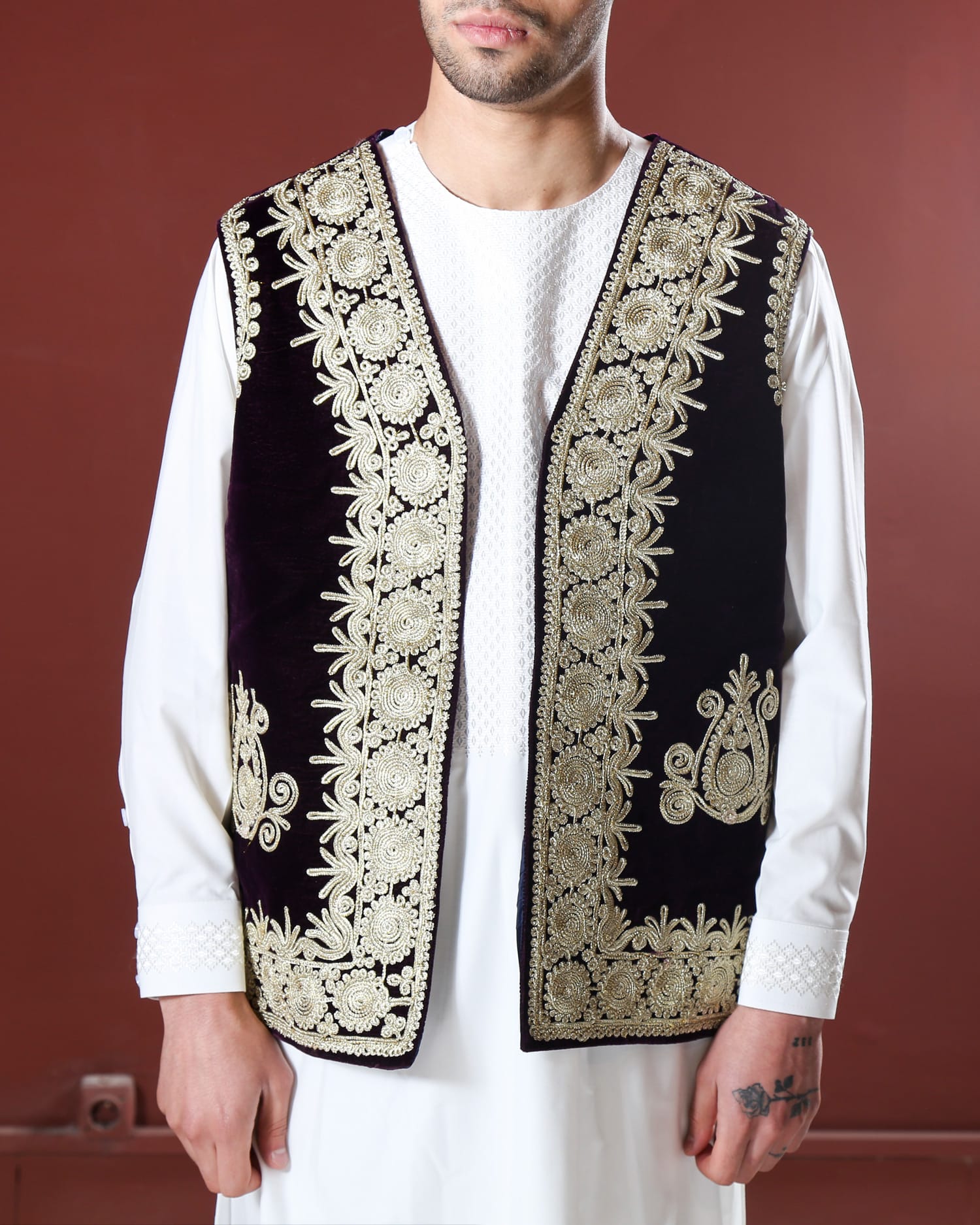 Men’s Velvet Waistcoat with Silver Hand Embroidery