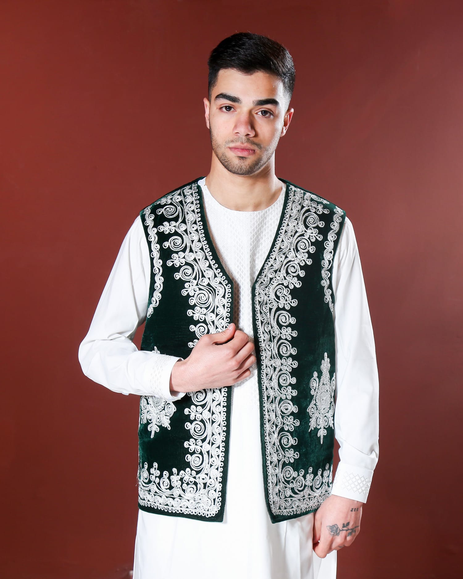 Men’s Velvet Waistcoat with Silver Hand Embroidery