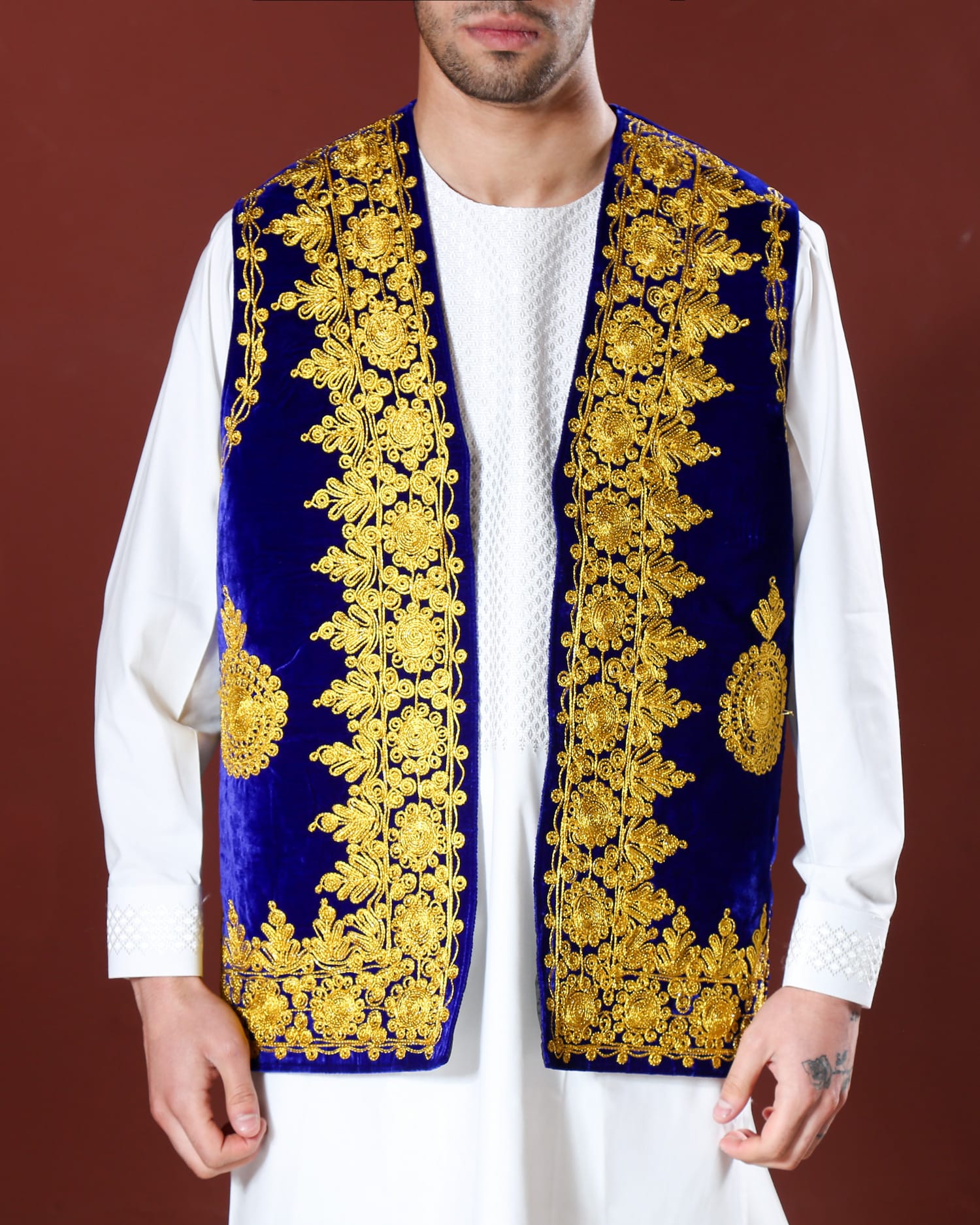 Handcrafted Men’s Velvet Waistcoat with Golden Embroidery