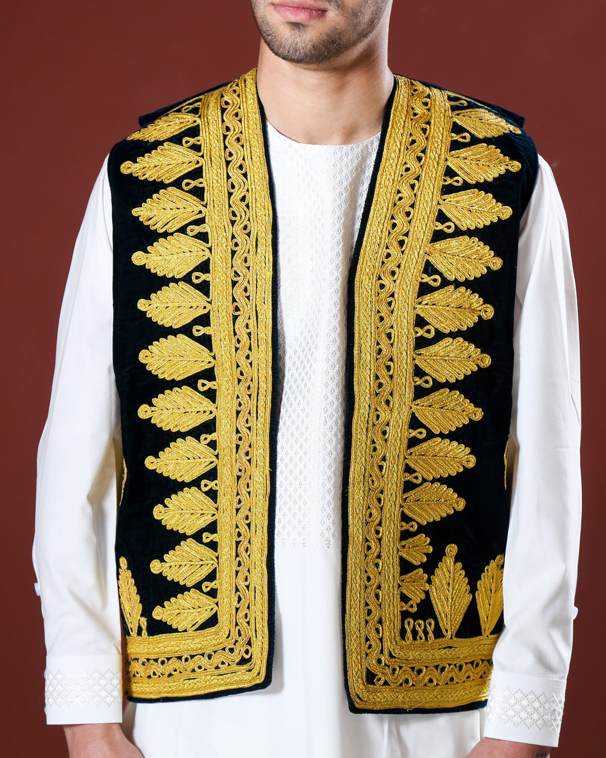 Handcrafted Afghan Velvet Waistcoat with Gold Embroidery