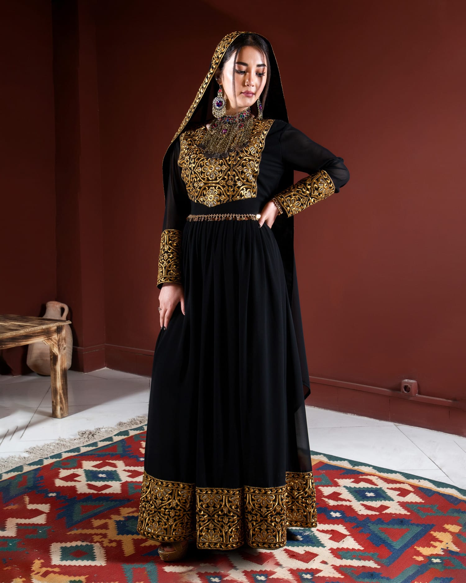 Black Afghan Dress with Traditional Design and Matching Shawl Chador