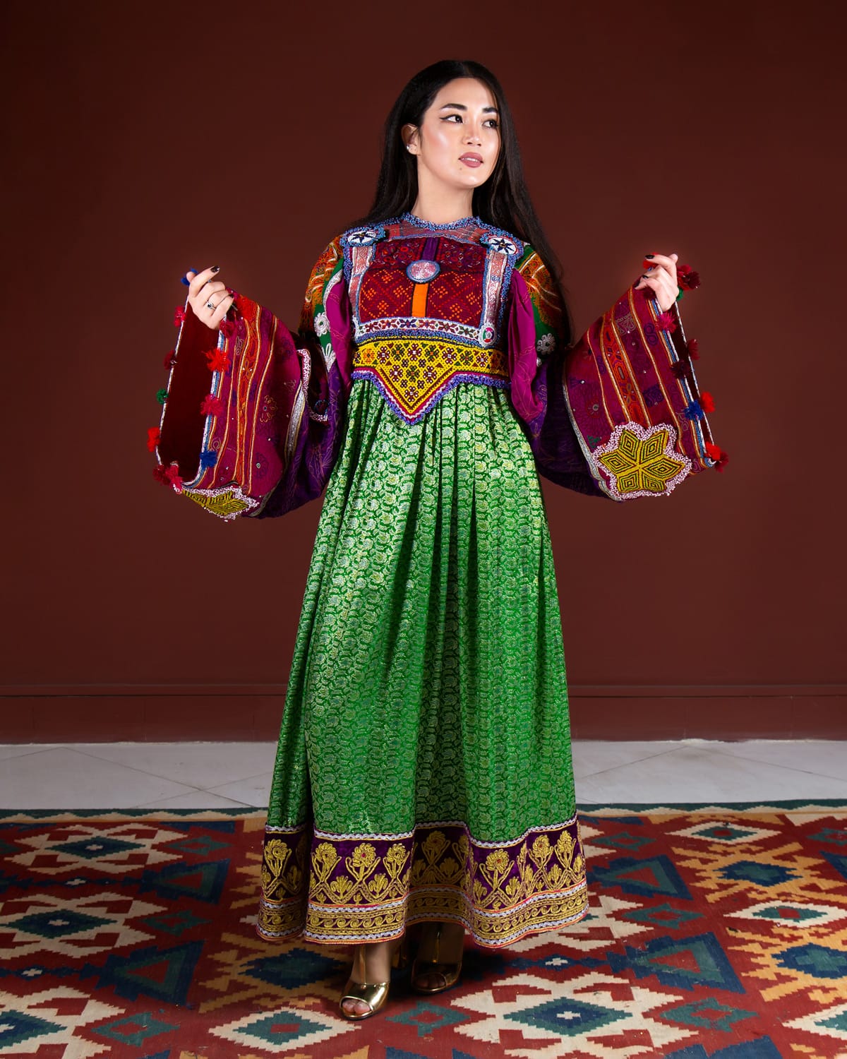 Traditional Afghan Kuchi Dress with Banarasi Fabric and Hand Embroidered Sleeves
