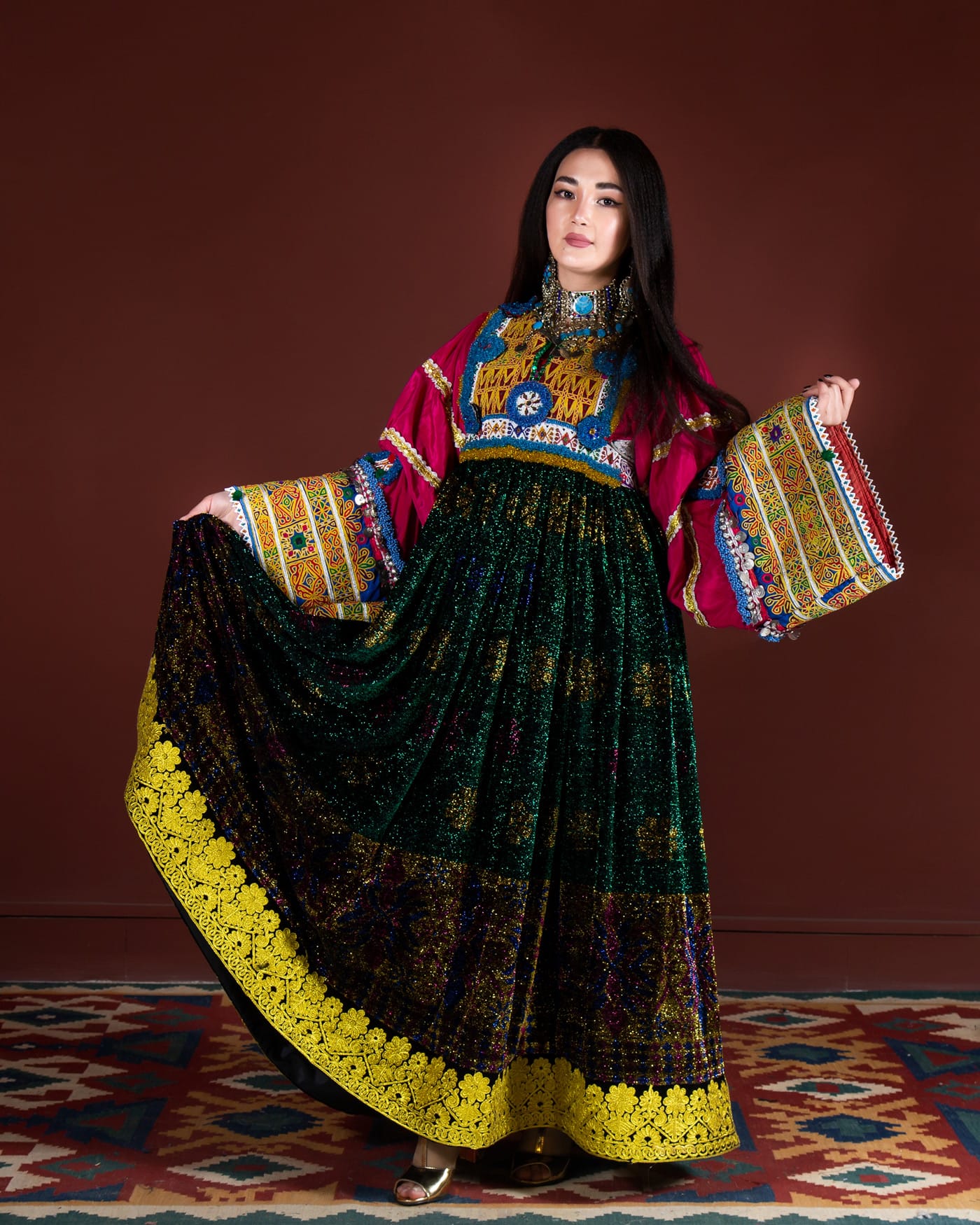 Traditional Afghan Kuchi Dress with Hand Embroidered Yakhun and Mureh Design