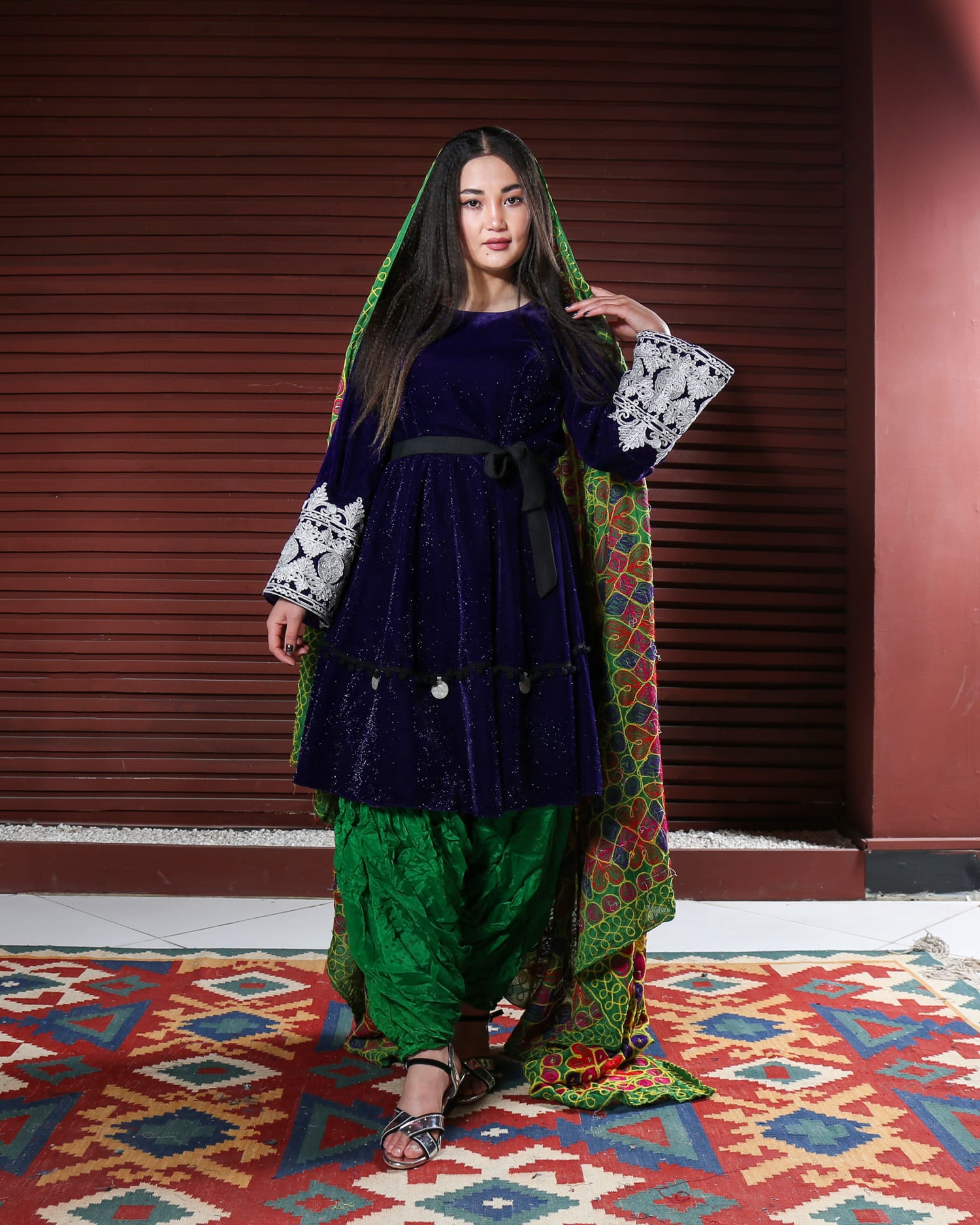 Simple Dress with Embroidered Sleeves and Matching Shawl