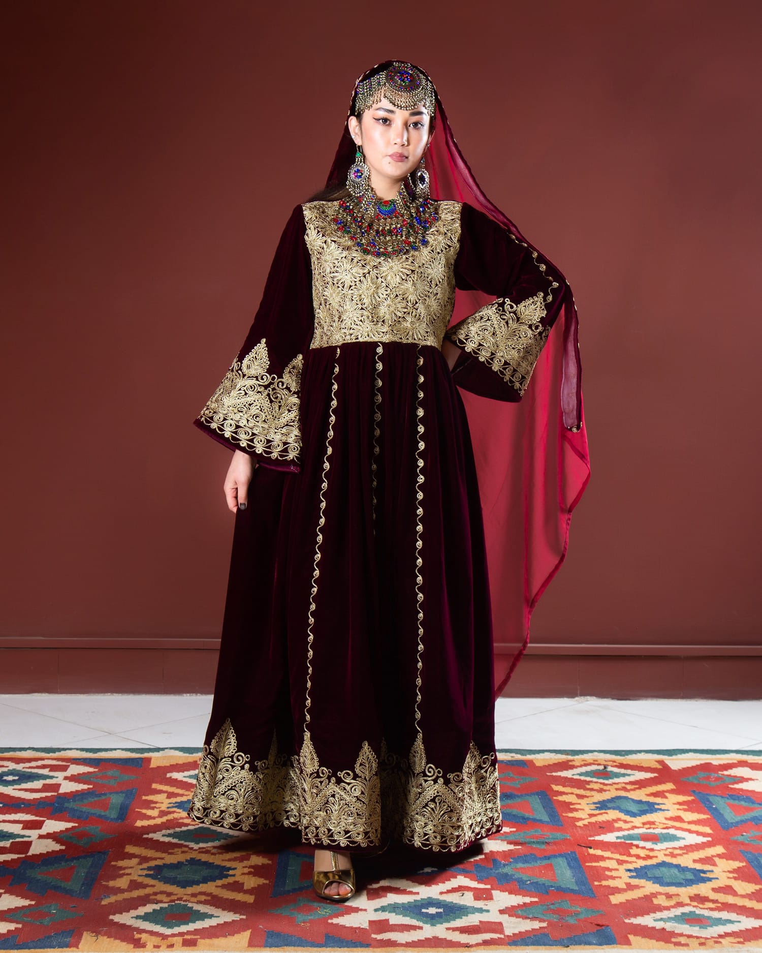 Velvet Afghan Dress Embroidery and Matching Shawl