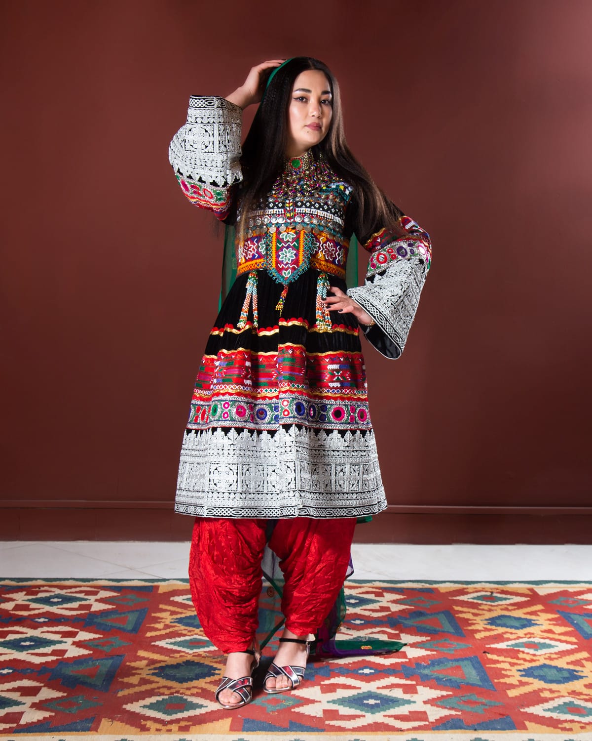 Afghan Dress with Kuchi Design, Hand Embroidered Yakhan