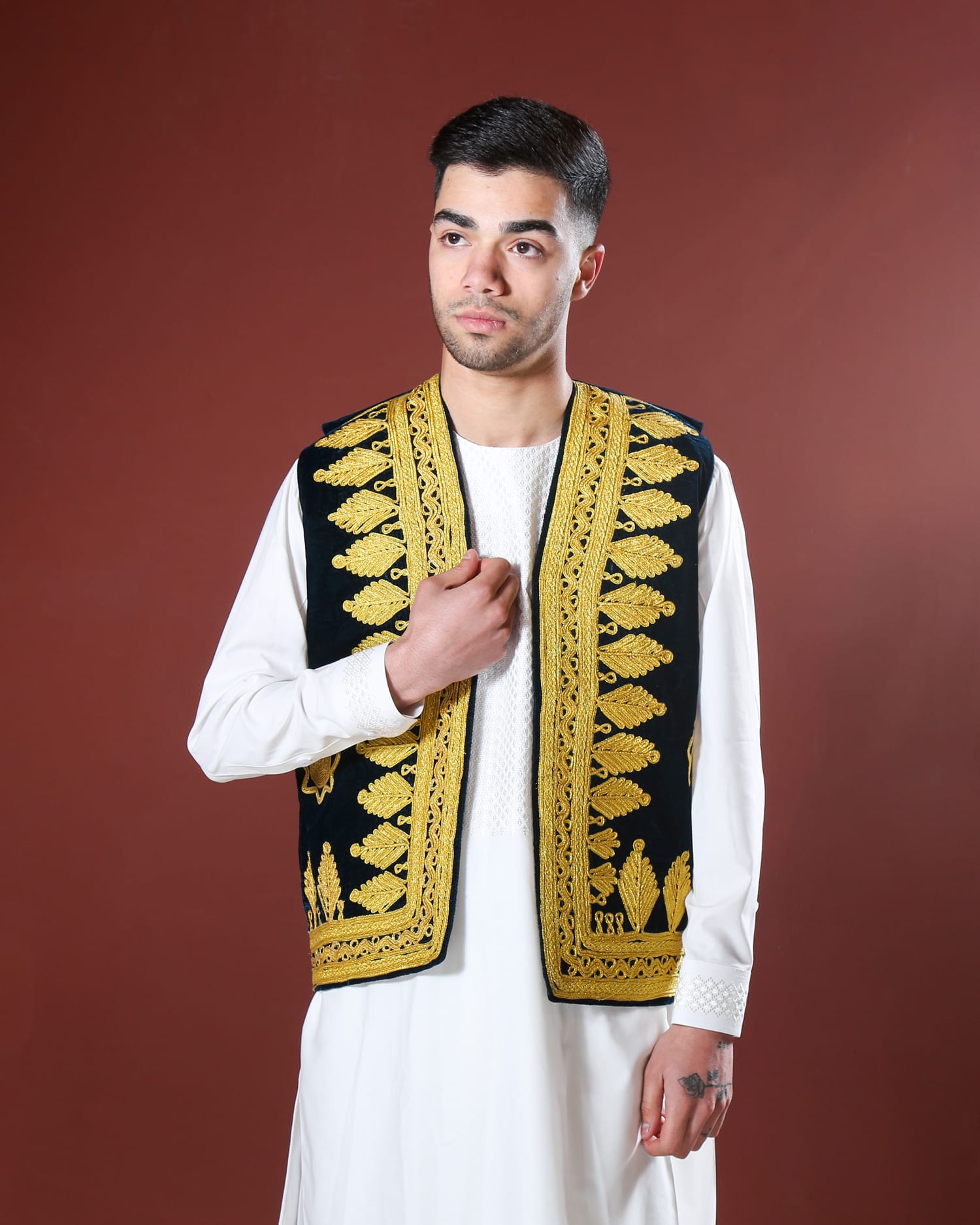Handcrafted Afghan Velvet Waistcoat with Gold Embroidery