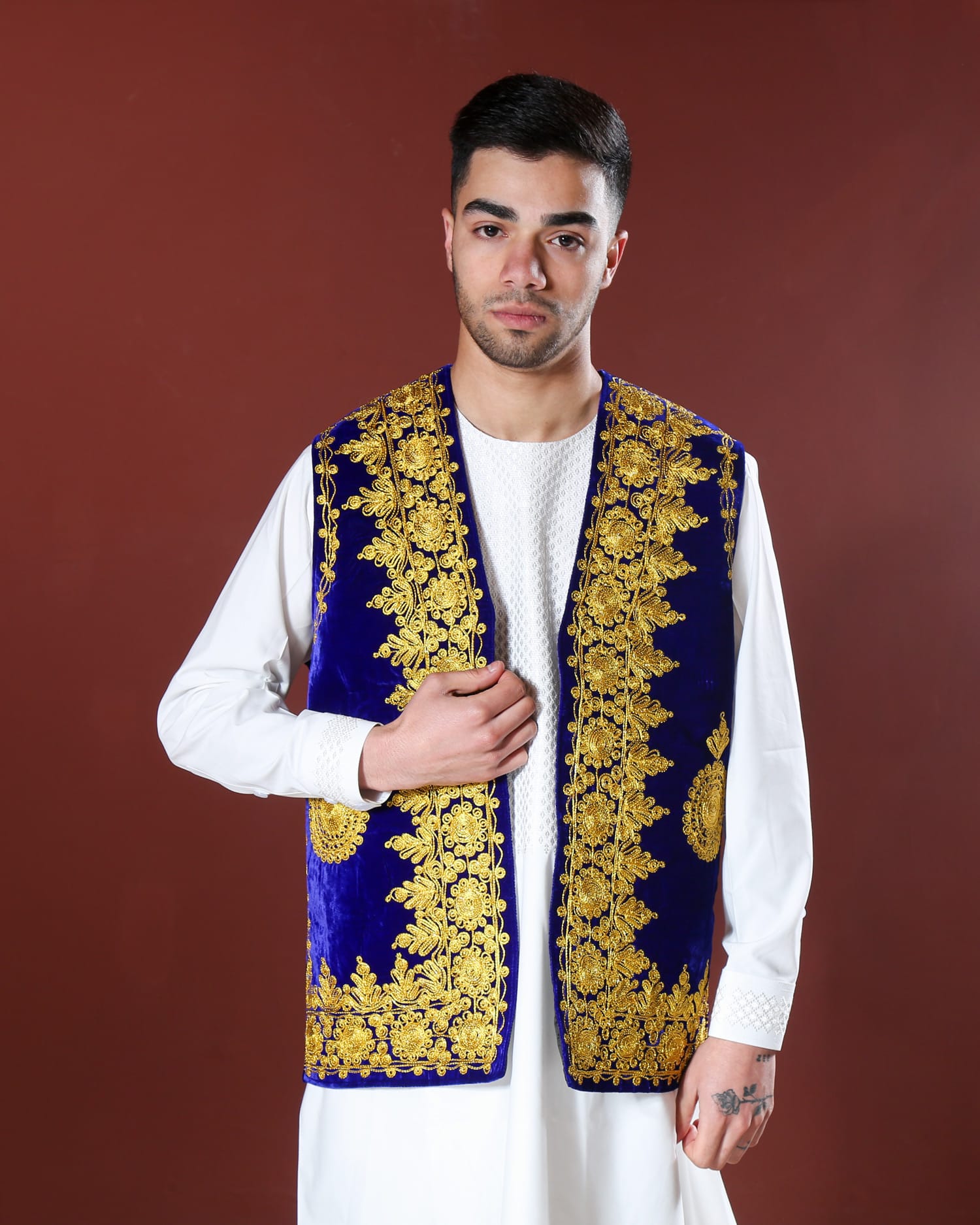 Handcrafted Men’s Velvet Waistcoat with Golden Embroidery