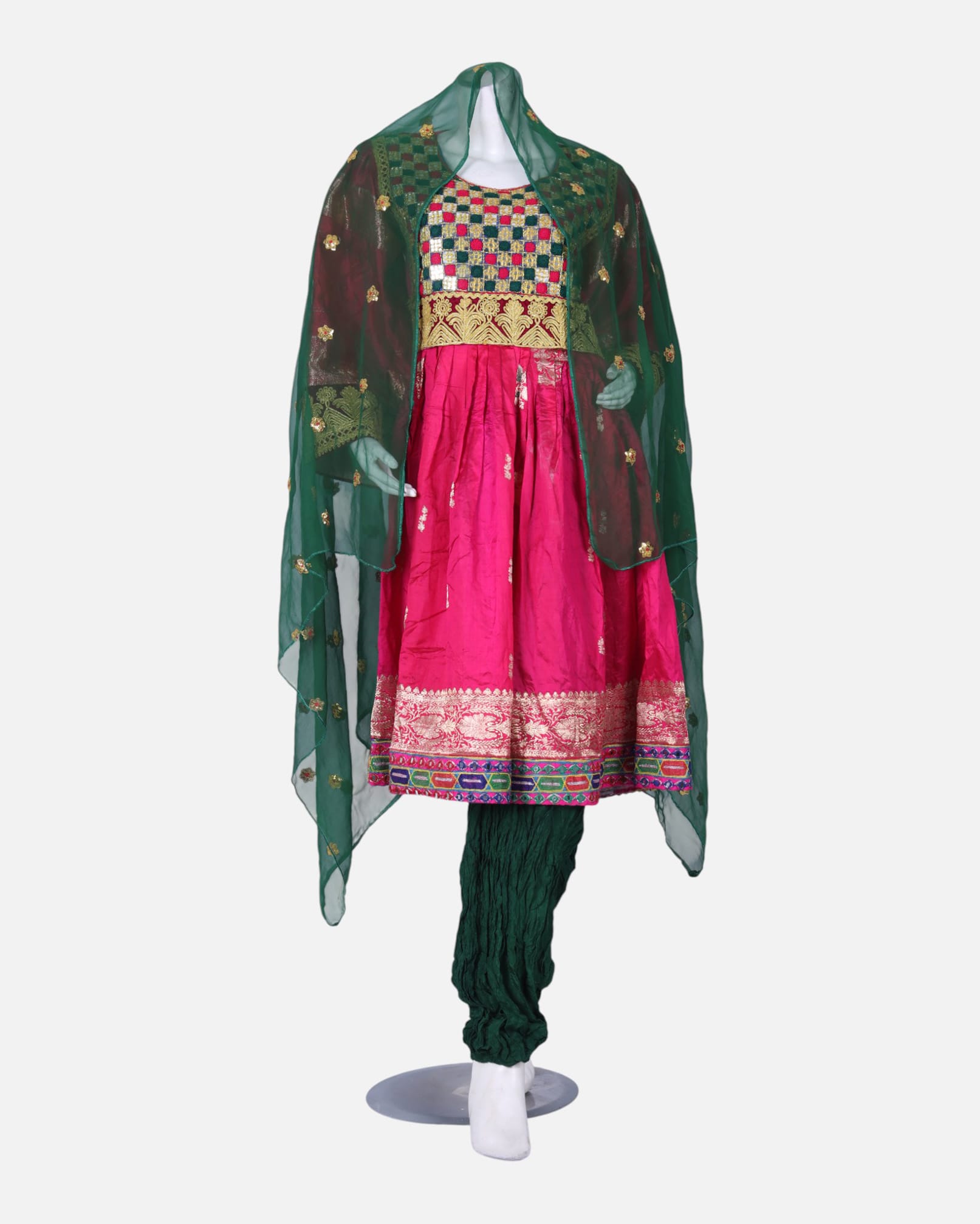 Traditional Afghan Gand Dress | Handmade Embroidered Set with Mirror Work
