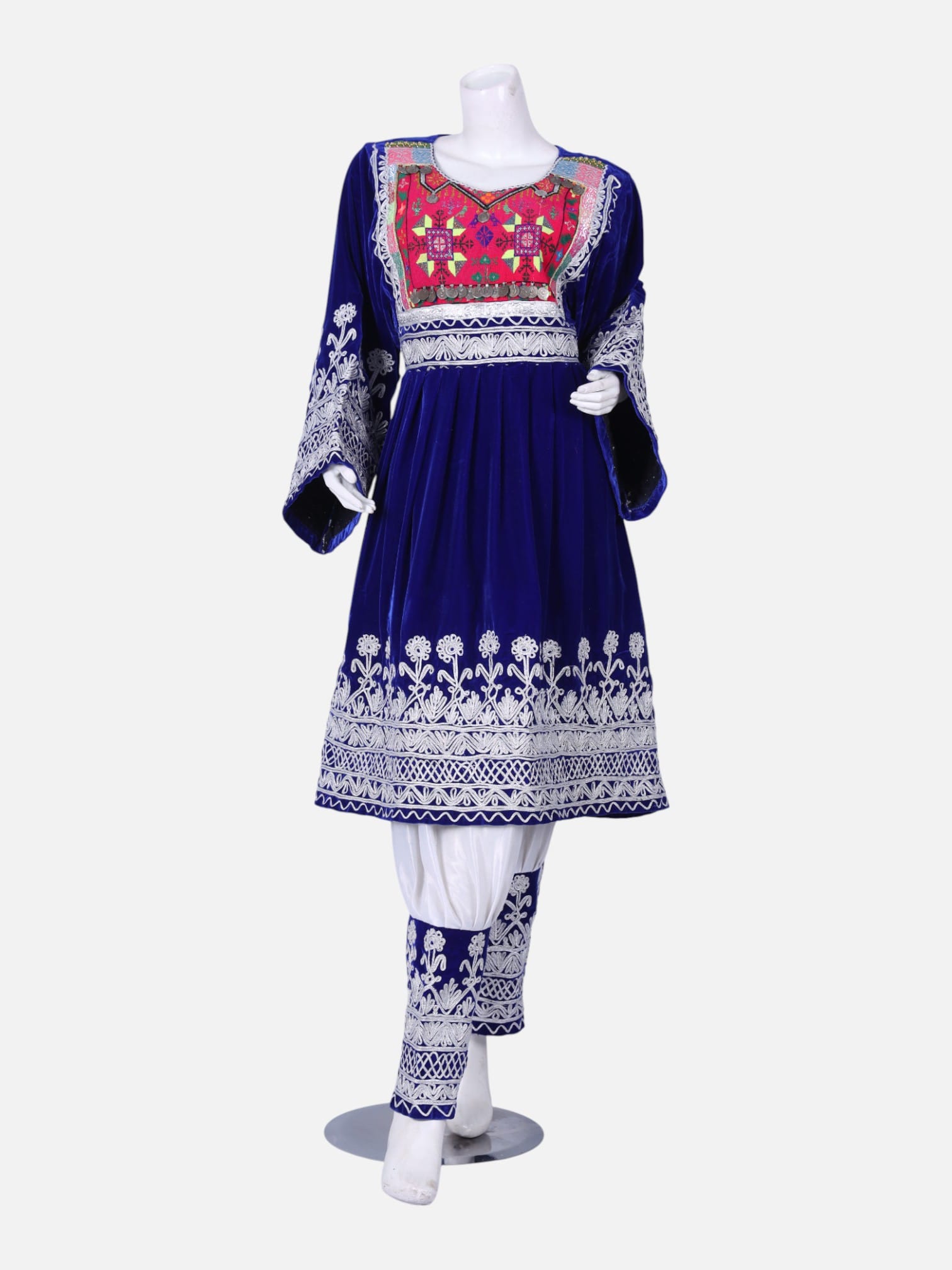 Blue & White Afghan Gand Dress | Handcrafted Traditional Embroidered Outfit