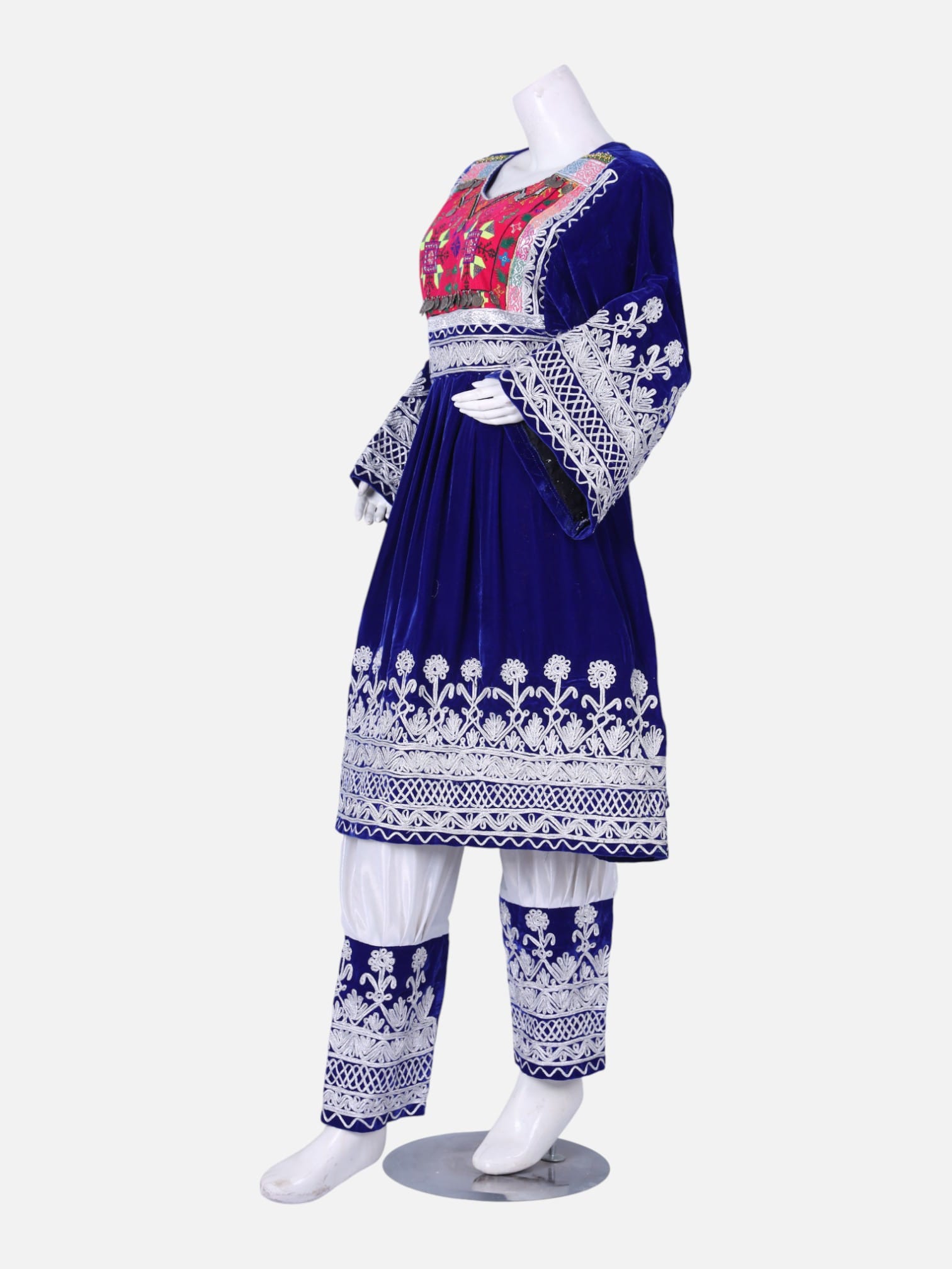 Blue & White Afghan Gand Dress | Handcrafted Traditional Embroidered Outfit