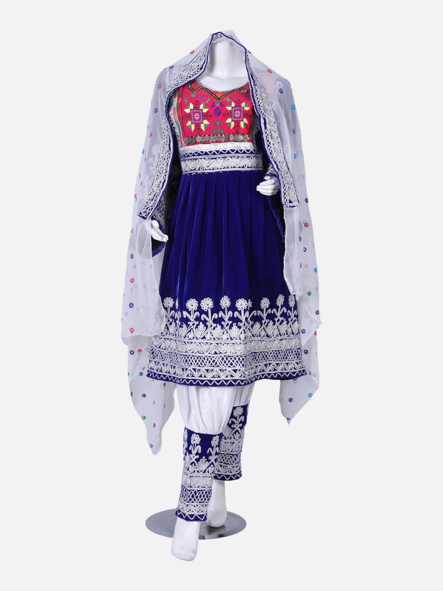 Blue & White Afghan Gand Dress | Handcrafted Traditional Embroidered Outfit