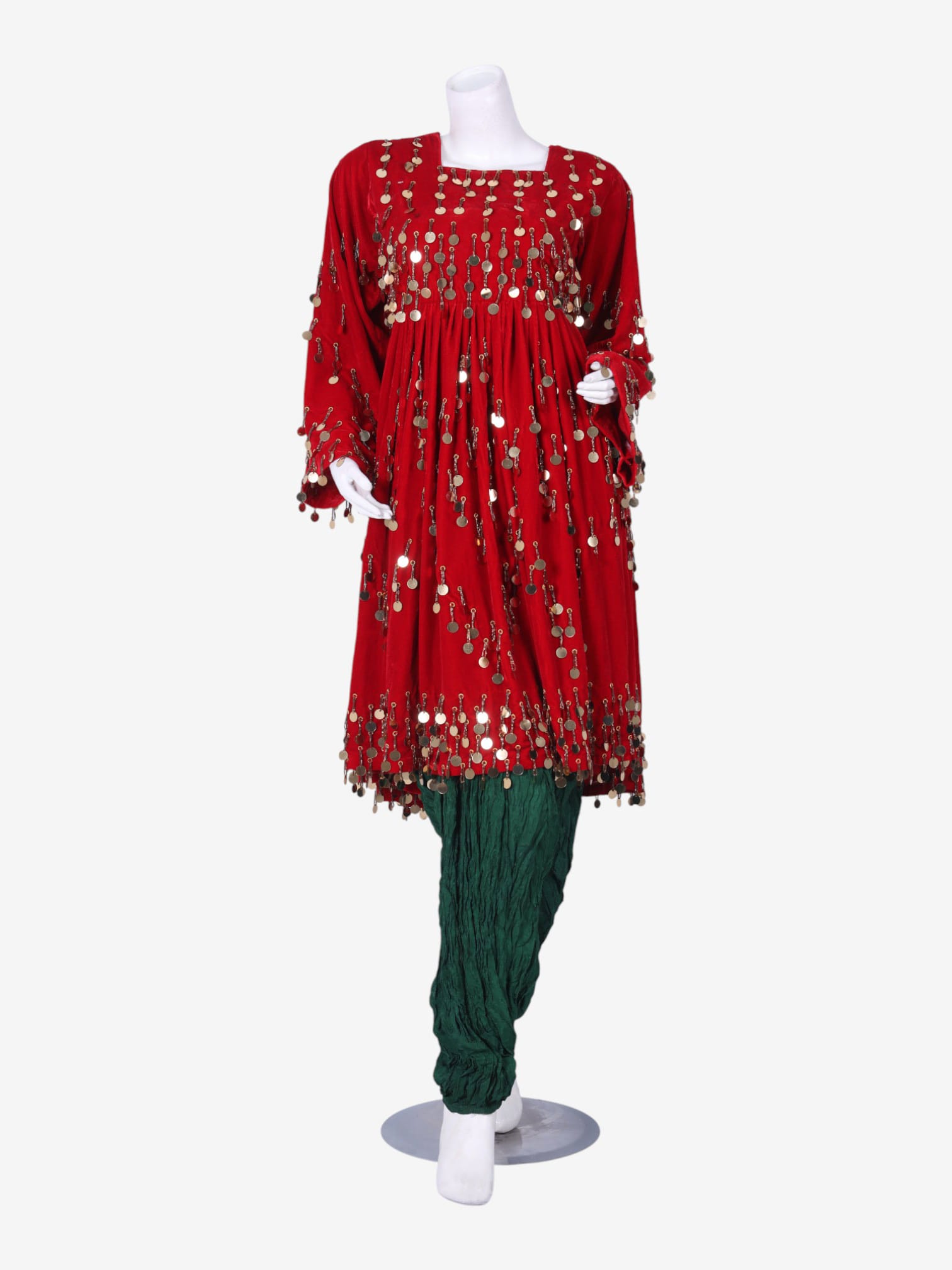 Red Gand Dress with Green Shawl and Pant Hand Embroidery