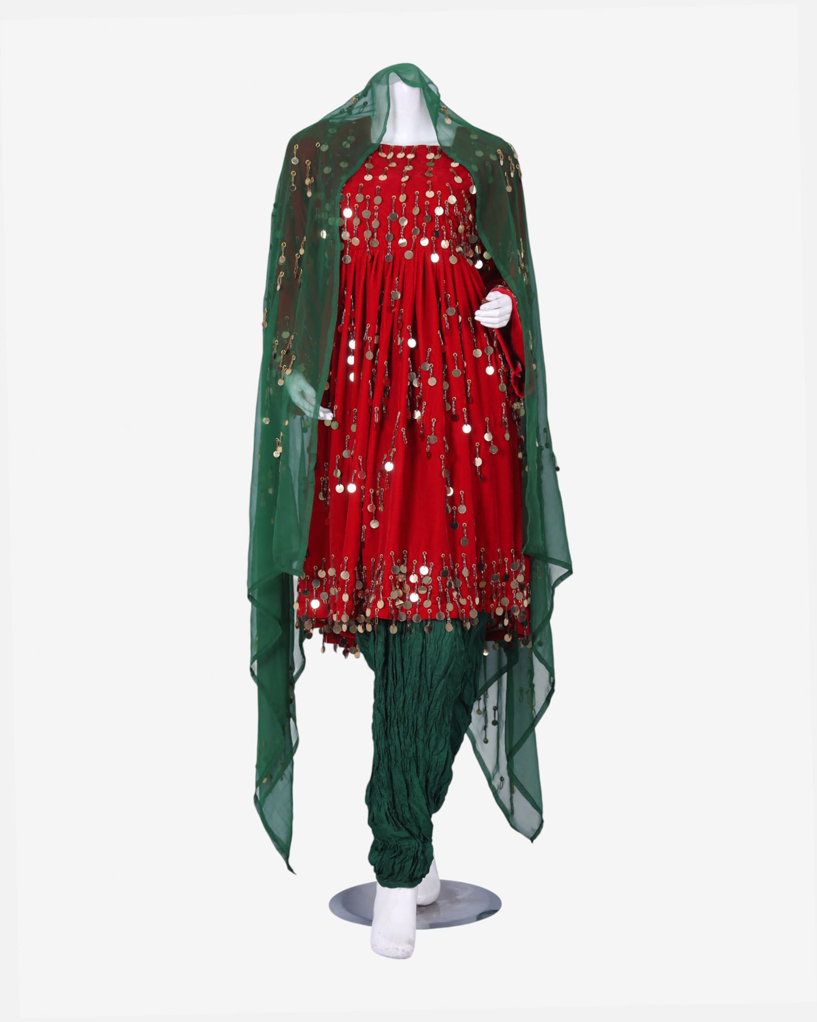 Red Gand Dress with Green Shawl and Pant Hand Embroidery