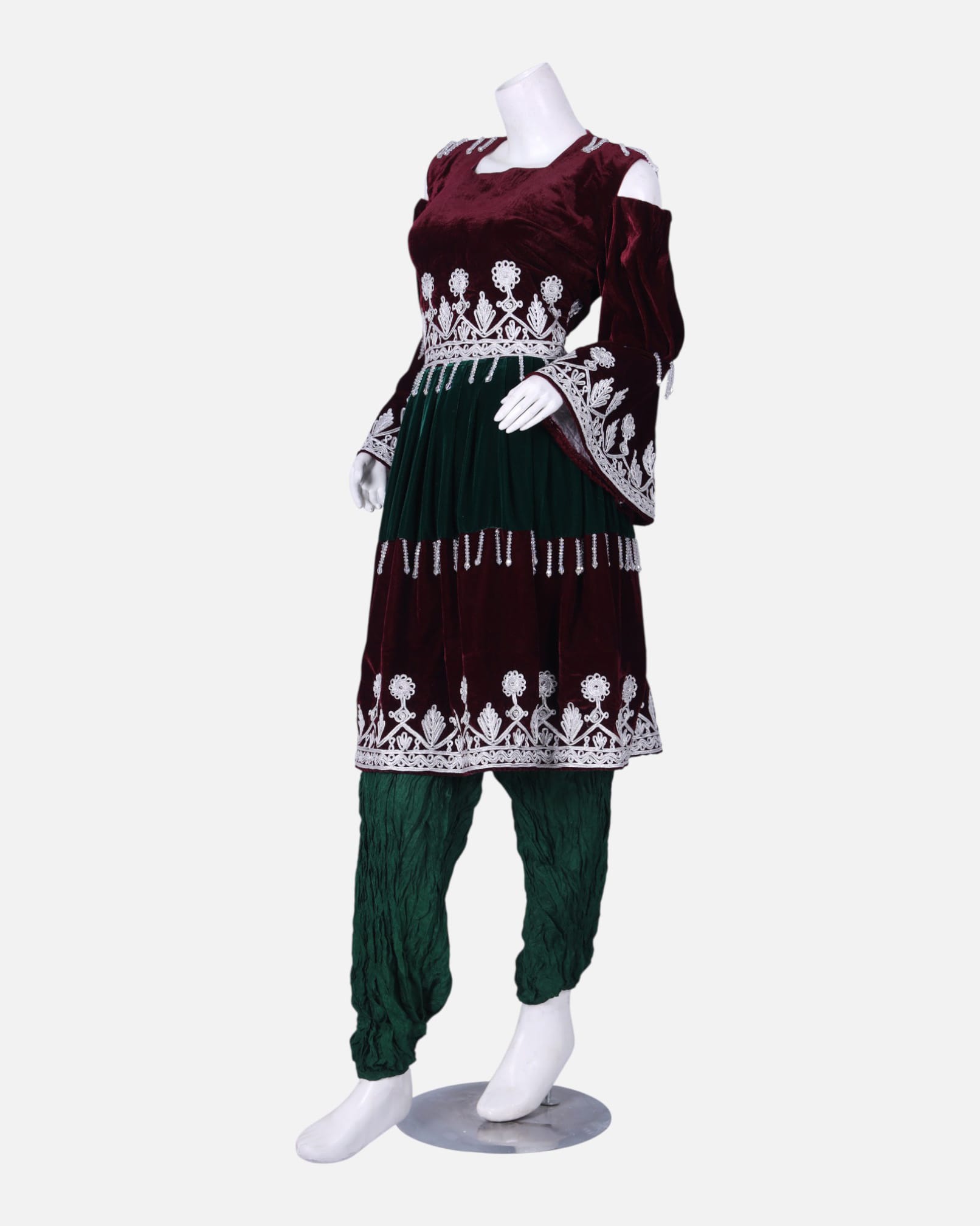 Traditional Afghan Gand Dress | Red Velvet with Green Dupatta