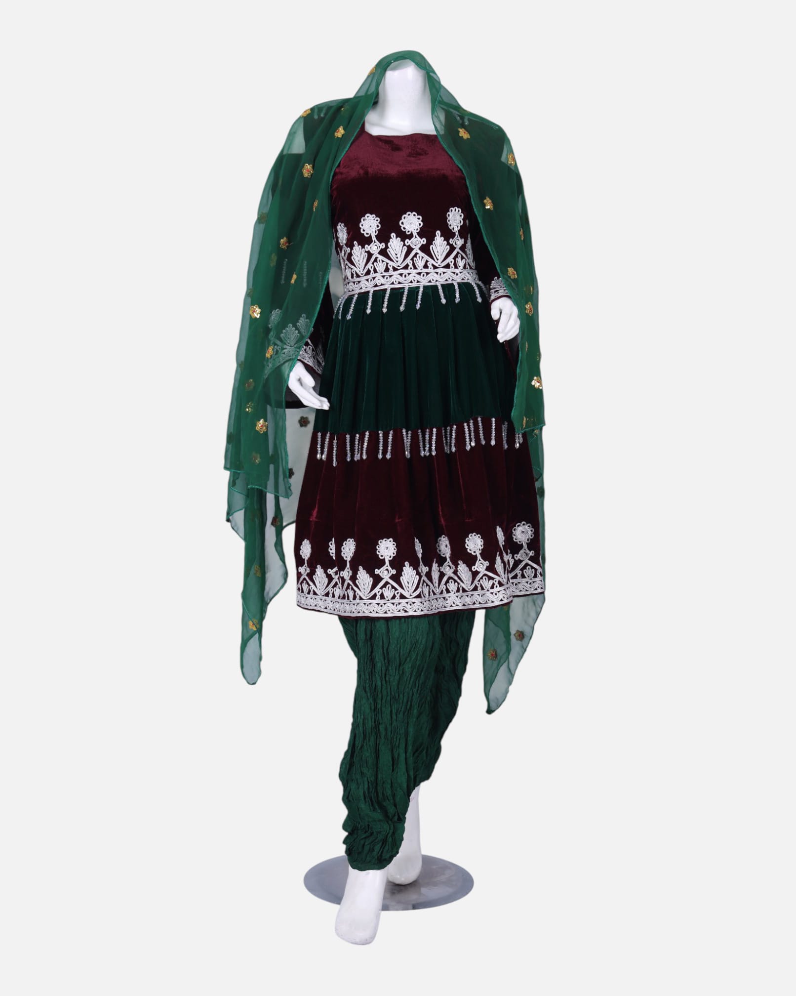 Traditional Afghan Gand Dress | Red Velvet with Green Dupatta