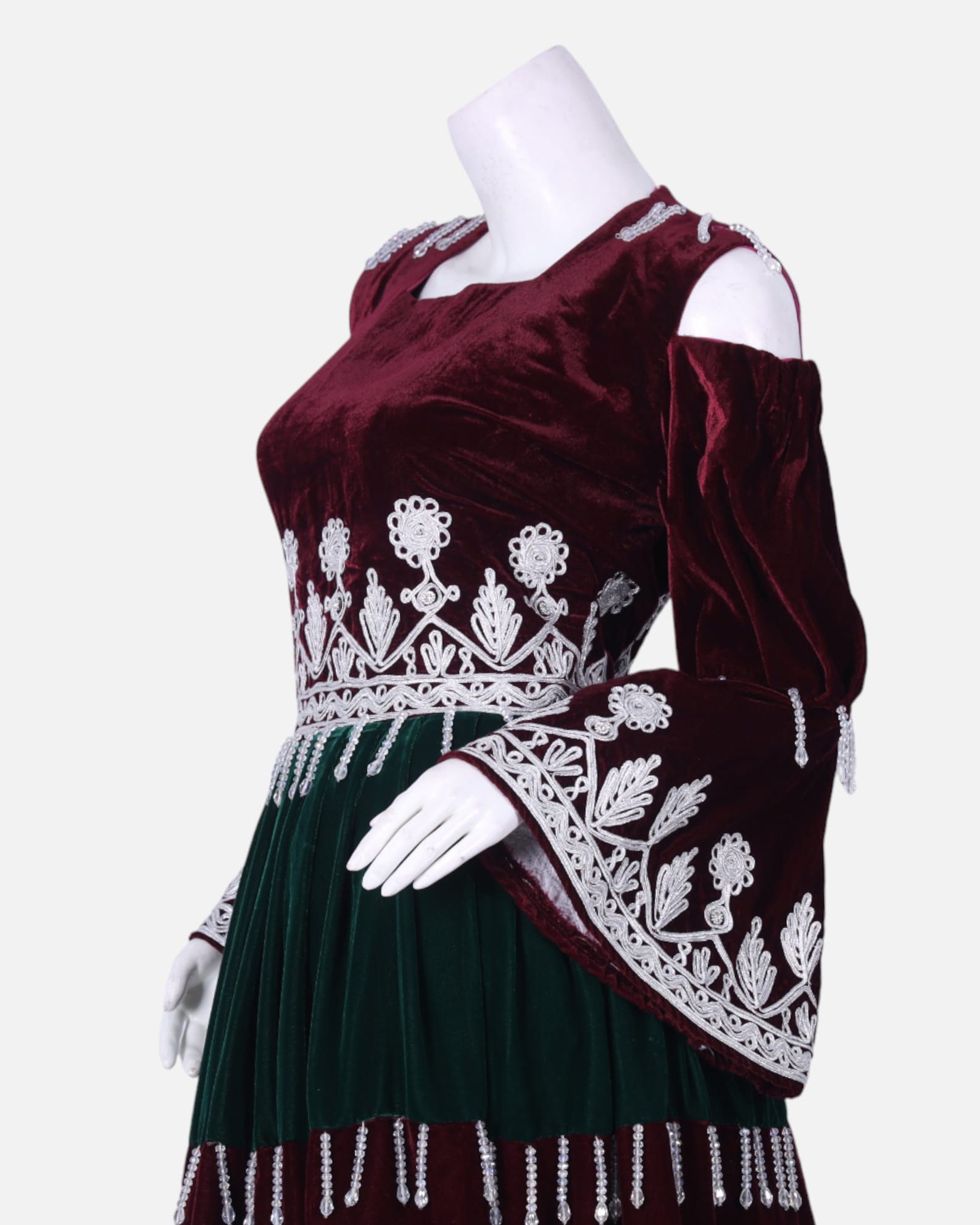 Traditional Afghan Gand Dress | Red Velvet with Green Dupatta