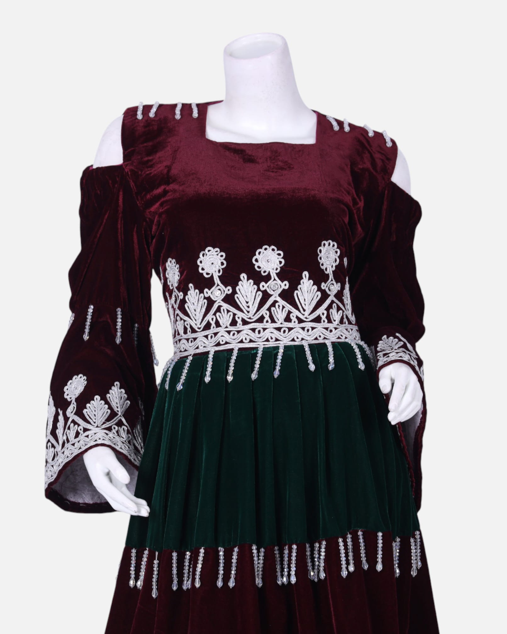 Traditional Afghan Gand Dress | Red Velvet with Green Dupatta