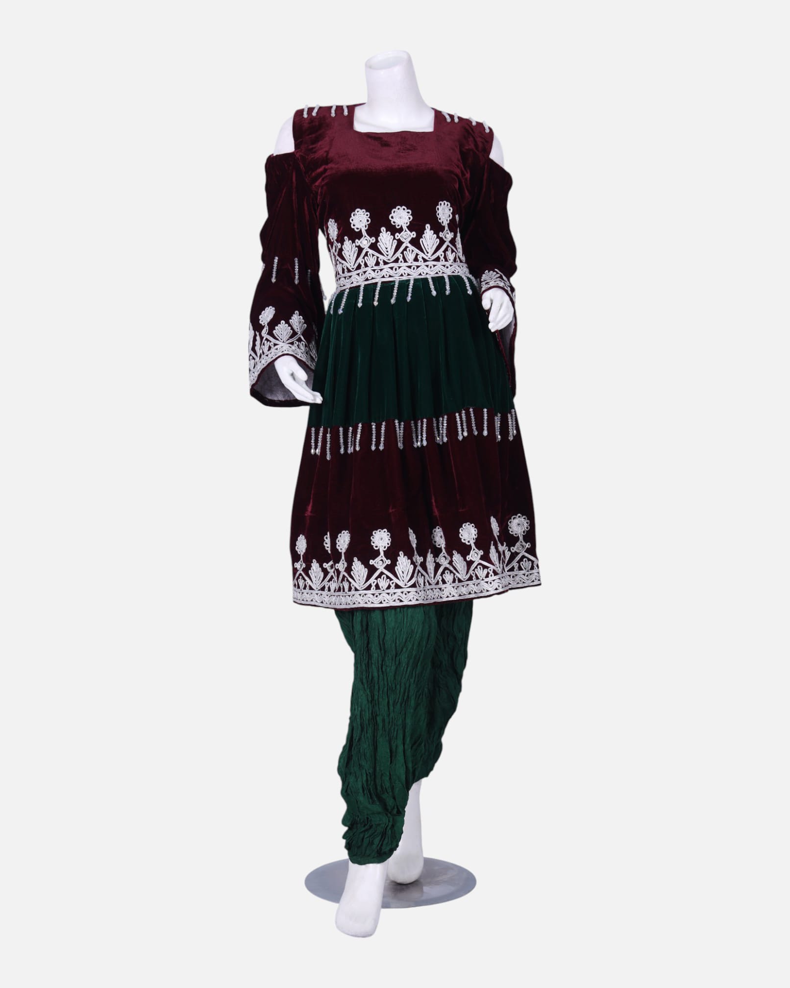 Traditional Afghan Gand Dress | Red Velvet with Green Dupatta