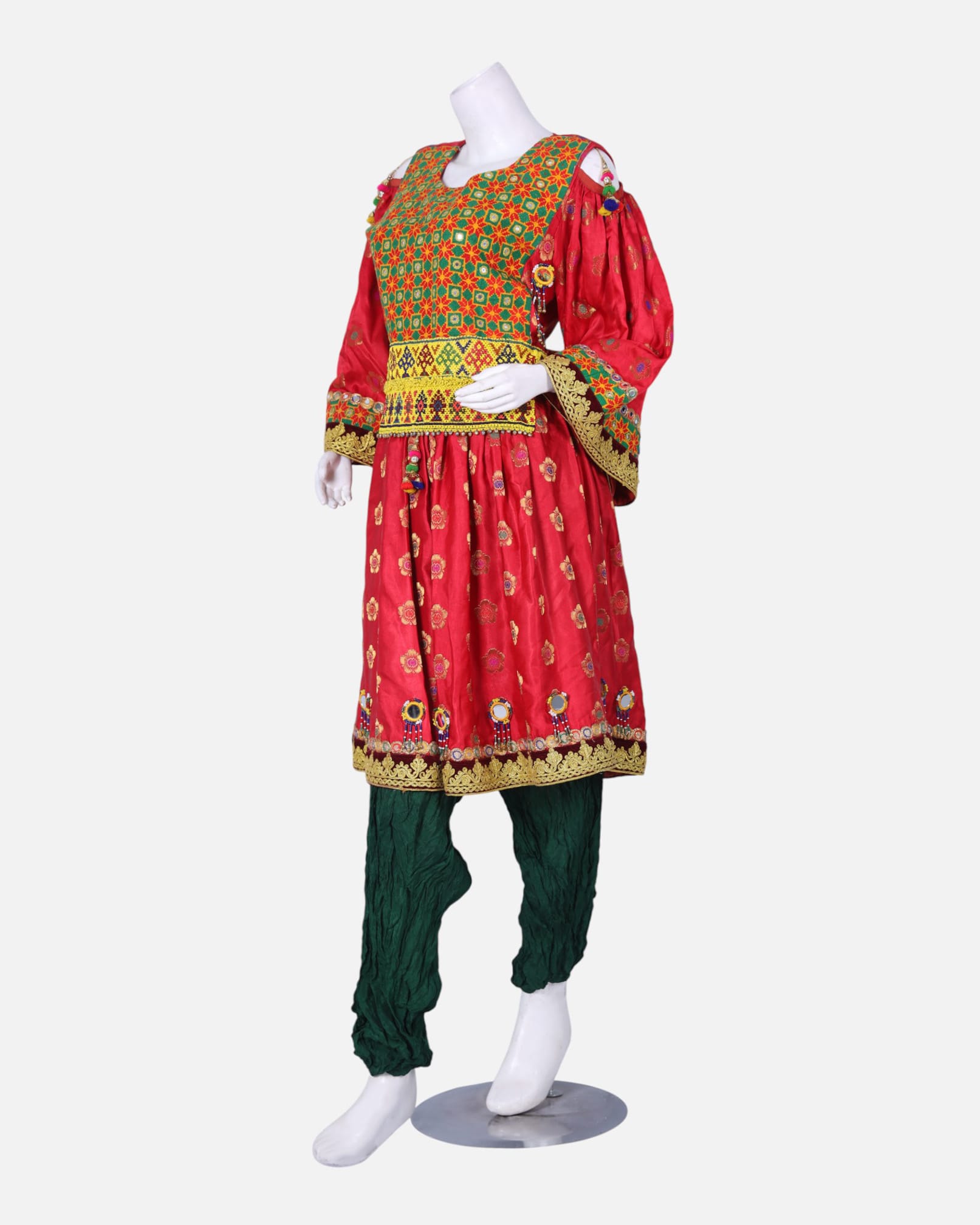 Traditional Afghan Gand Dress | Red with Green Embroidery